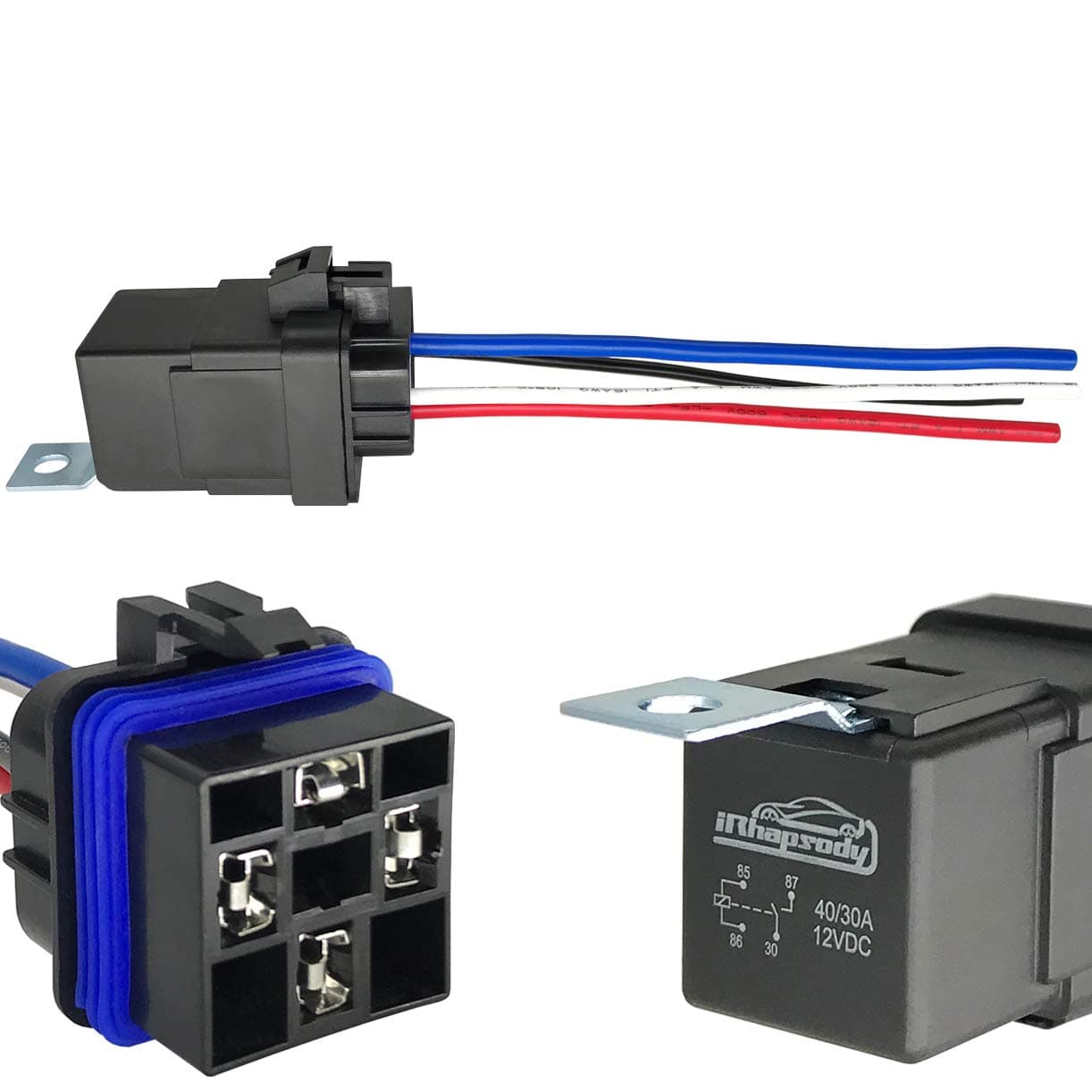 irhapsody 4-pin 40/30AMP 12V DC Waterproof Relay with Heavy-Duty Wires, SPST Automotive Relay, Pack of 1