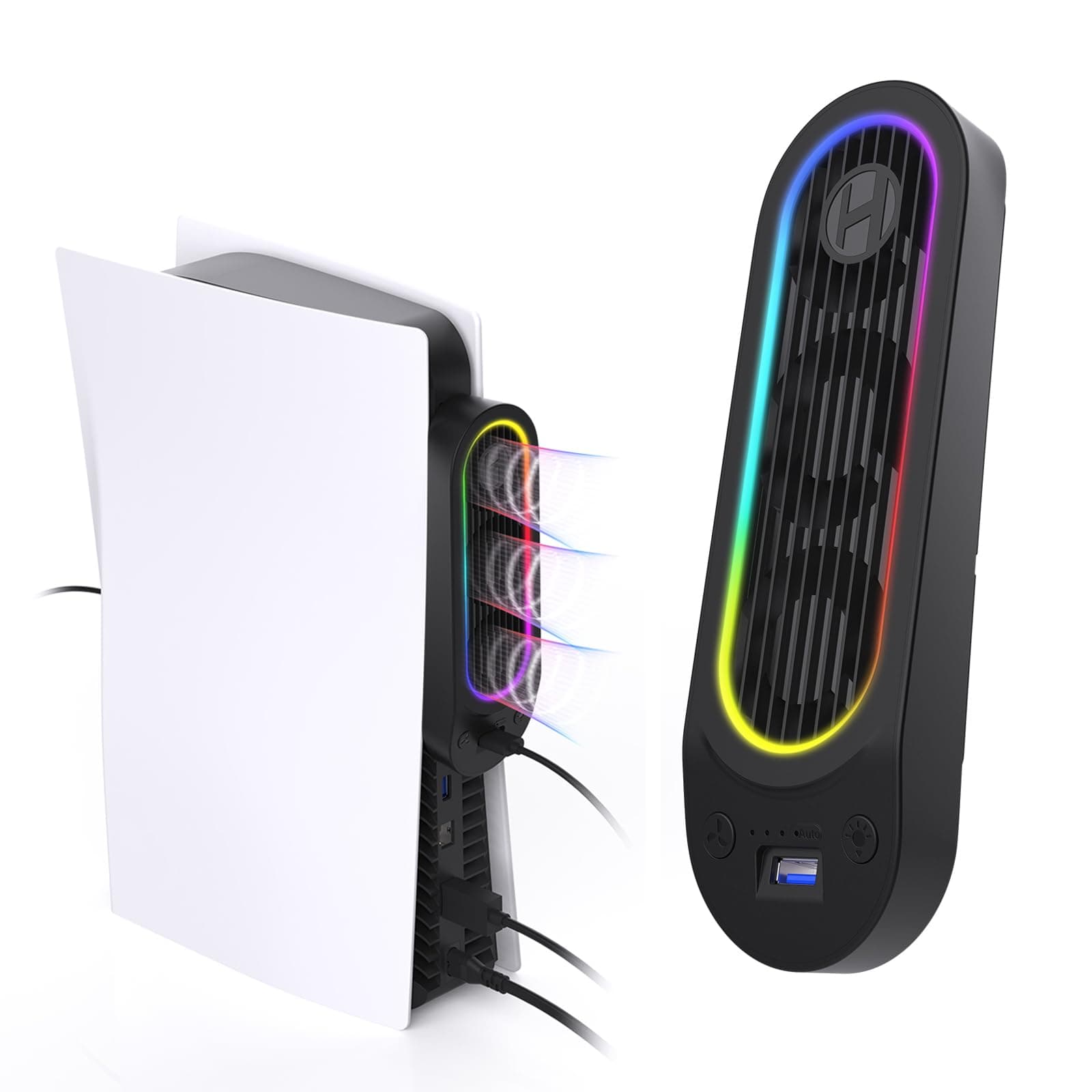 Cooling Fan for PS5, 8.2 Inch, 3-Speed & Auto Adjustment, 7 Color LED, Quiet, Compatible with PS5 Disc/Digital Edition Black