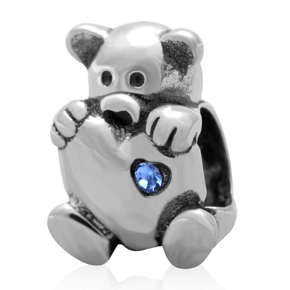 Birthstone Crystal Bear Hugging Heart Charm 925 Sterling Silver Bead Fits European Brand Charms Wonderful Christmas Gift (Blue)