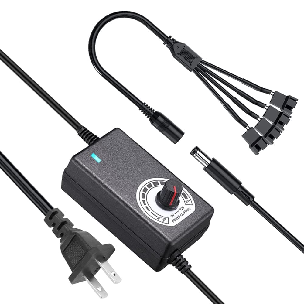 Delinx 36W 12V PC Fan Power Supply,4 Cooling Fan Speed Controller,100-240vAC to 3-12vDC Adjustable 3A Power Adapter,with Fan Splitter Cable,DC Female to 4 x 3/4 Pin, Multi-Functional