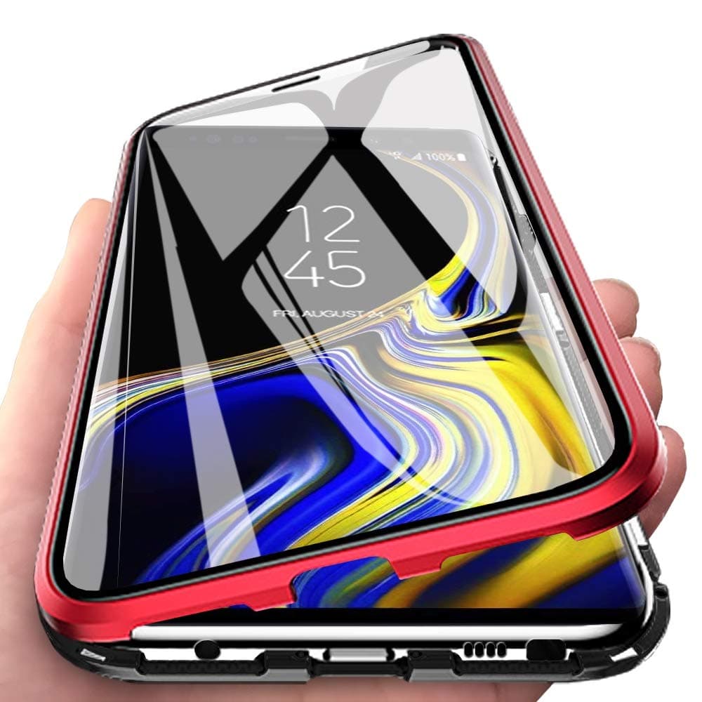 Eabuy Galaxy Note 9 Case, 360° Full Body Transparent Tempered Glass with Magnetic Adsorption Metal Bumper Case Cover for Samsung Galaxy Note 9 Red Black
