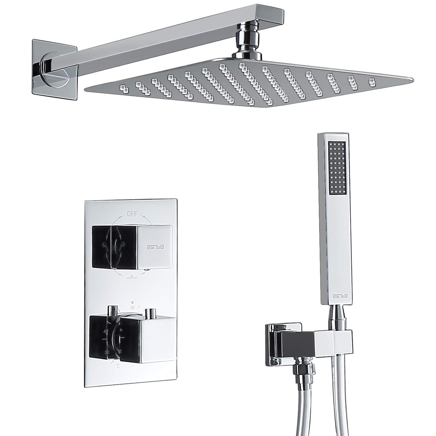 Esnbia Thermostatic Shower Systems, Shower Faucet Set with 10" Rain Shower Head System Wall Mounted Shower Combo Set Polished Chrome Square Style All Metal