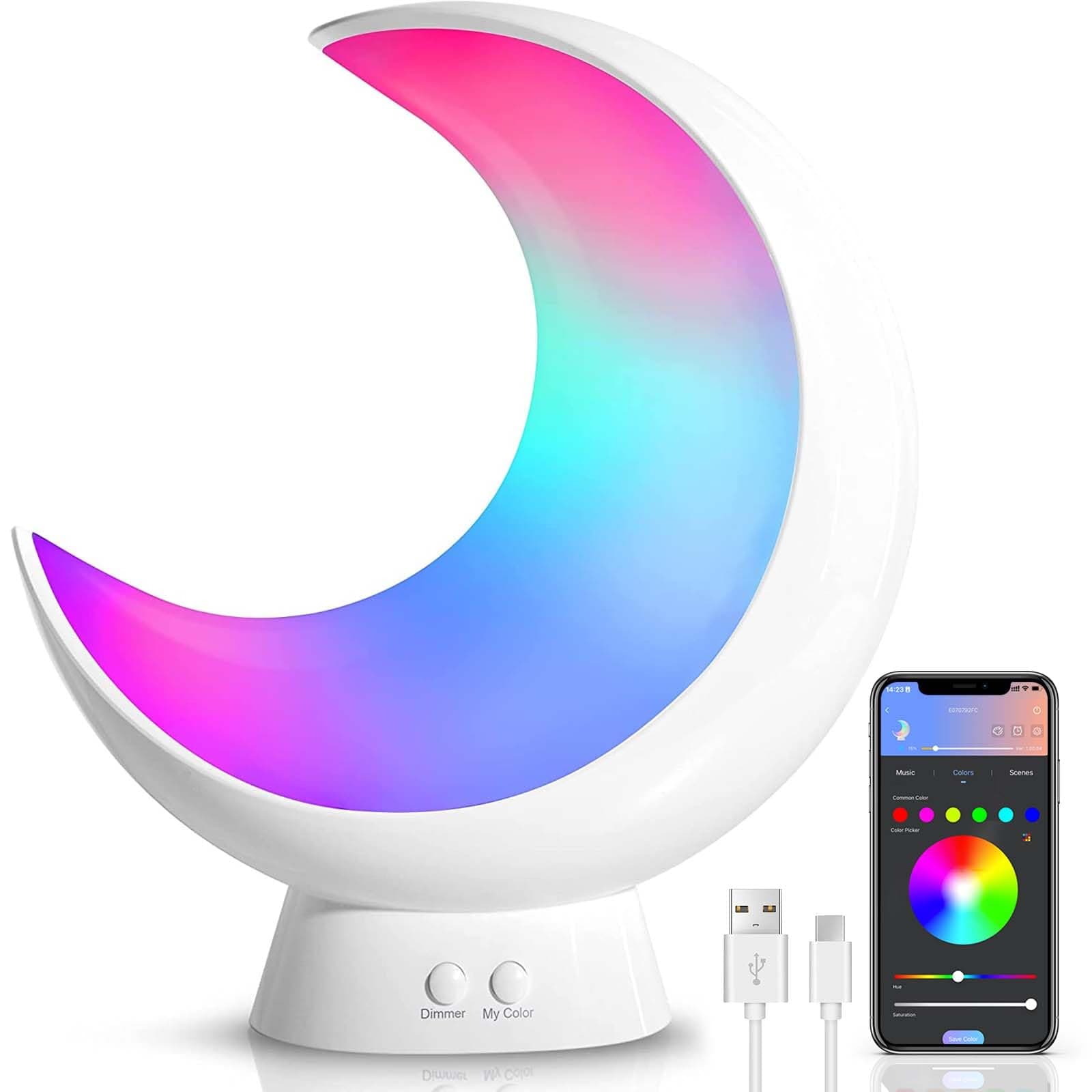 ECOLOR Smart Touch Bedside Table Lamp, RGB APP Control Small Moon Lamp with 20+ Scene Mode, Music Mode & Sleep Mode, 6 Way Dimmable Multi-Color & Warm White LED Moon Light for Bedrooms Living Room