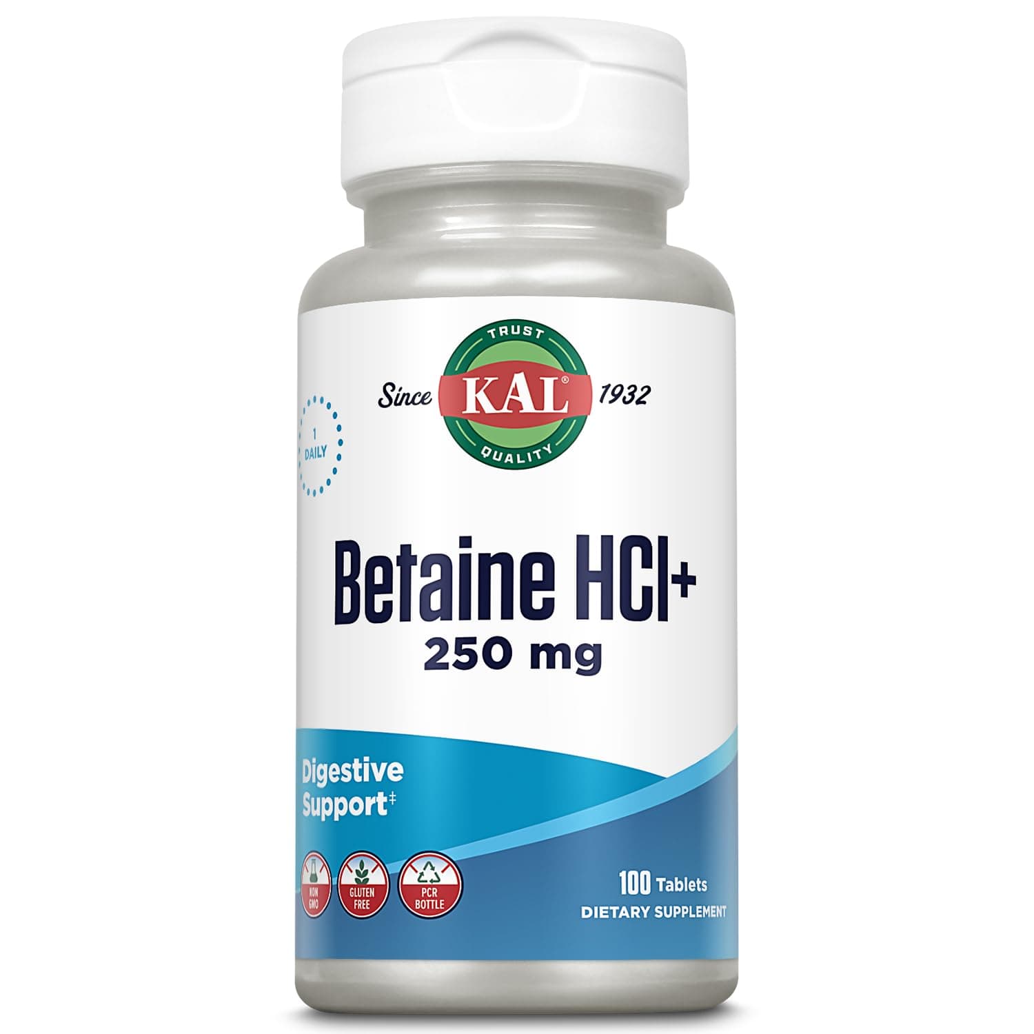 KAL Betaine HCL with Pepsin Supplement for Women & Men - Digestive Enzymes for Gut Health Support, Betaine Hydrochloride 250 mg, Calcium Support for Stomach Acid, Gluten Free, Non GMO - 100 Tablets