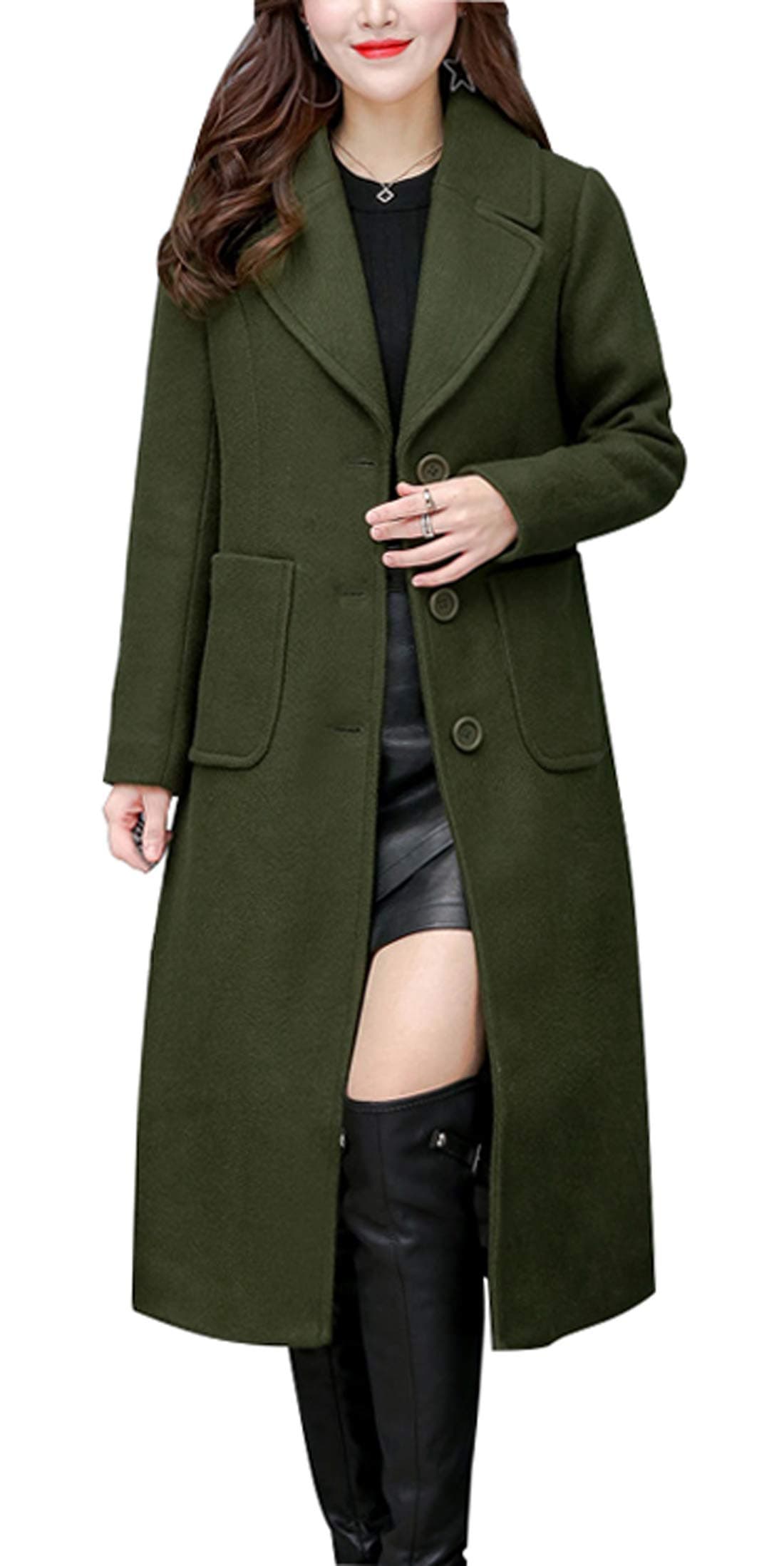 Women's Big Notch Lapel Single Breasted Mid-Long Wool Blend Coat