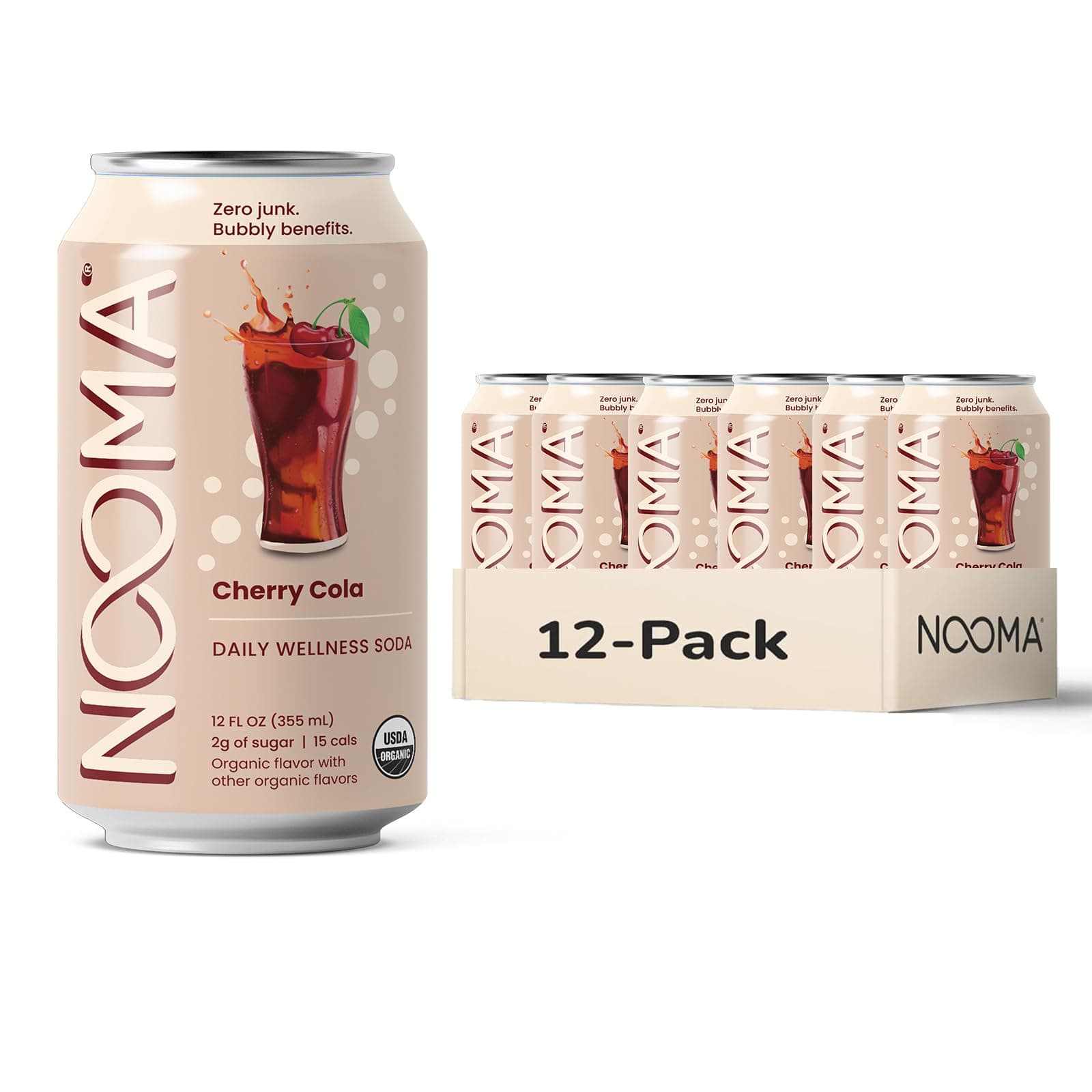 NOOMA - Daily Wellness Soda - Low Calorie & Low Sugar Healthy Soda - Organic & No Sucralose or Aspartame - Supports Muscle Recovery & Immune System - Vegan - Cherry Cola - 12 Pack (12oz each)