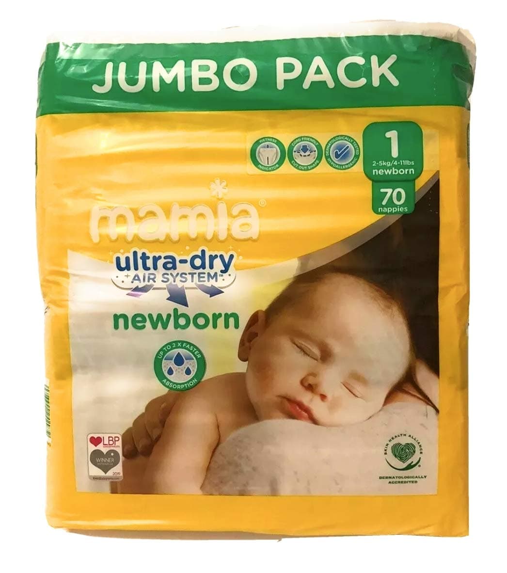 Mamia ALDI Newborn Nappies, Size 1, Jumbo Pack (70 Nappies), Ultra Dry Air System