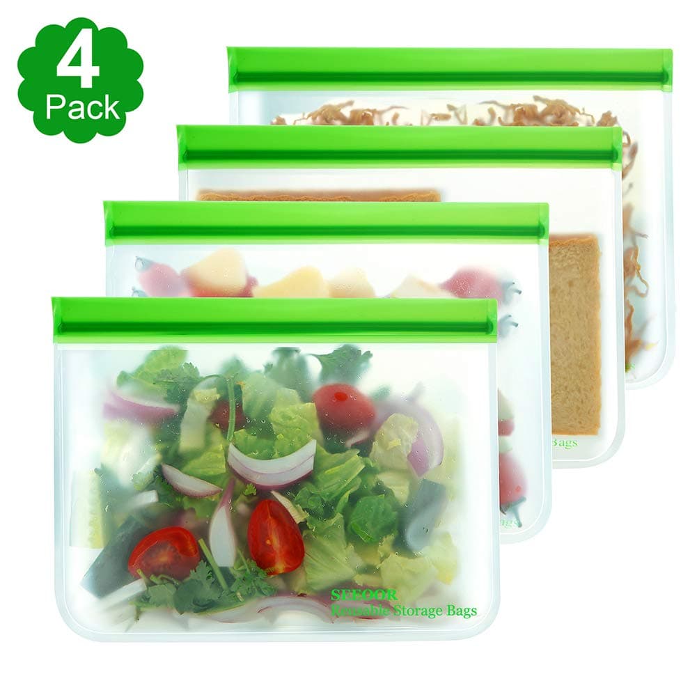 Reusable Storage Bags, SEEOOR Leakproof Freezer Bag, Ziplock Bags BPA Free for Food Snacks, Fruits, veggies, Lunch, Sandwiches, Make-up, Travel (4 Pack)