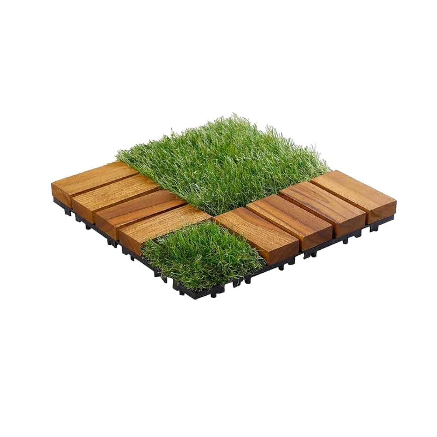 Sharpex Artificial Grass Wooden Deck Tiles with Interlocking | 1 Piece Teak Wood Decking Water Resistant Tile for Balcony, Terrace, Garden | Quick Flooring Solution for Indoor/Outdoor (12 X 12 Inch)