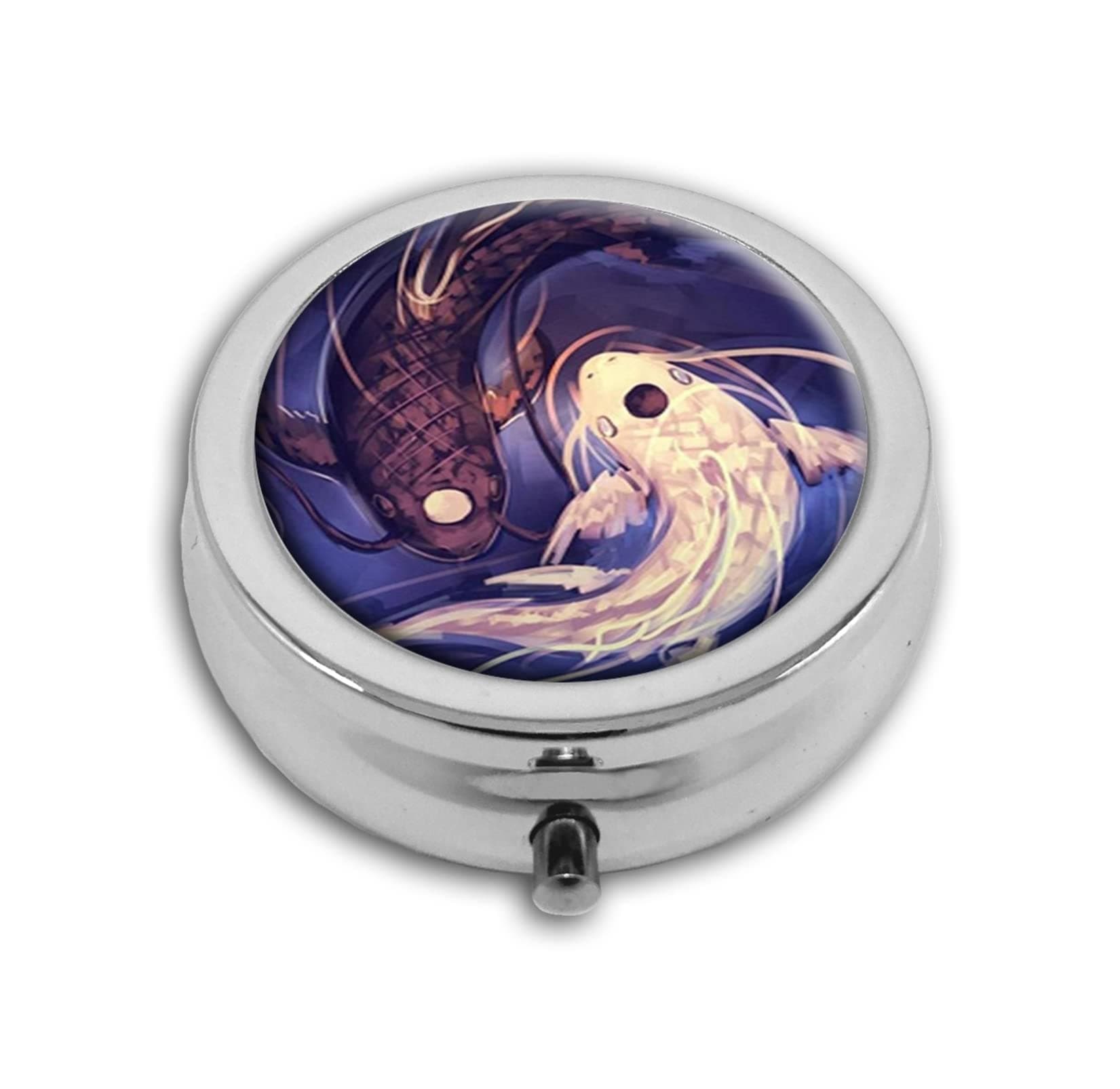Koi Fish Ying Yang design custom Unique Tone Round Pill Box Medicine Tablet Organizer or Coin Purse