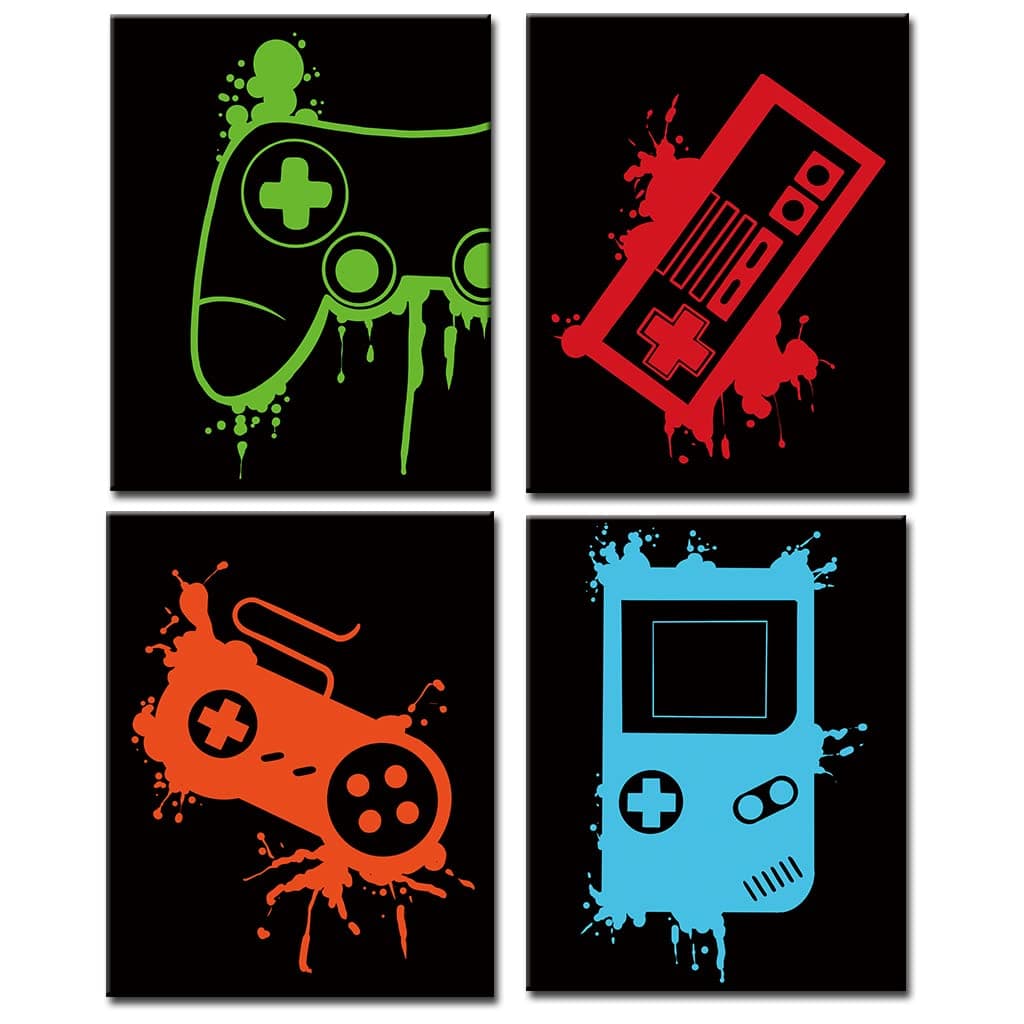 Video Game Art Print, Watercolor Gaming Themed Poster Set of 4 (8"x10",Unframed)-Perfect for Kids Boy Bedroom Decoration
