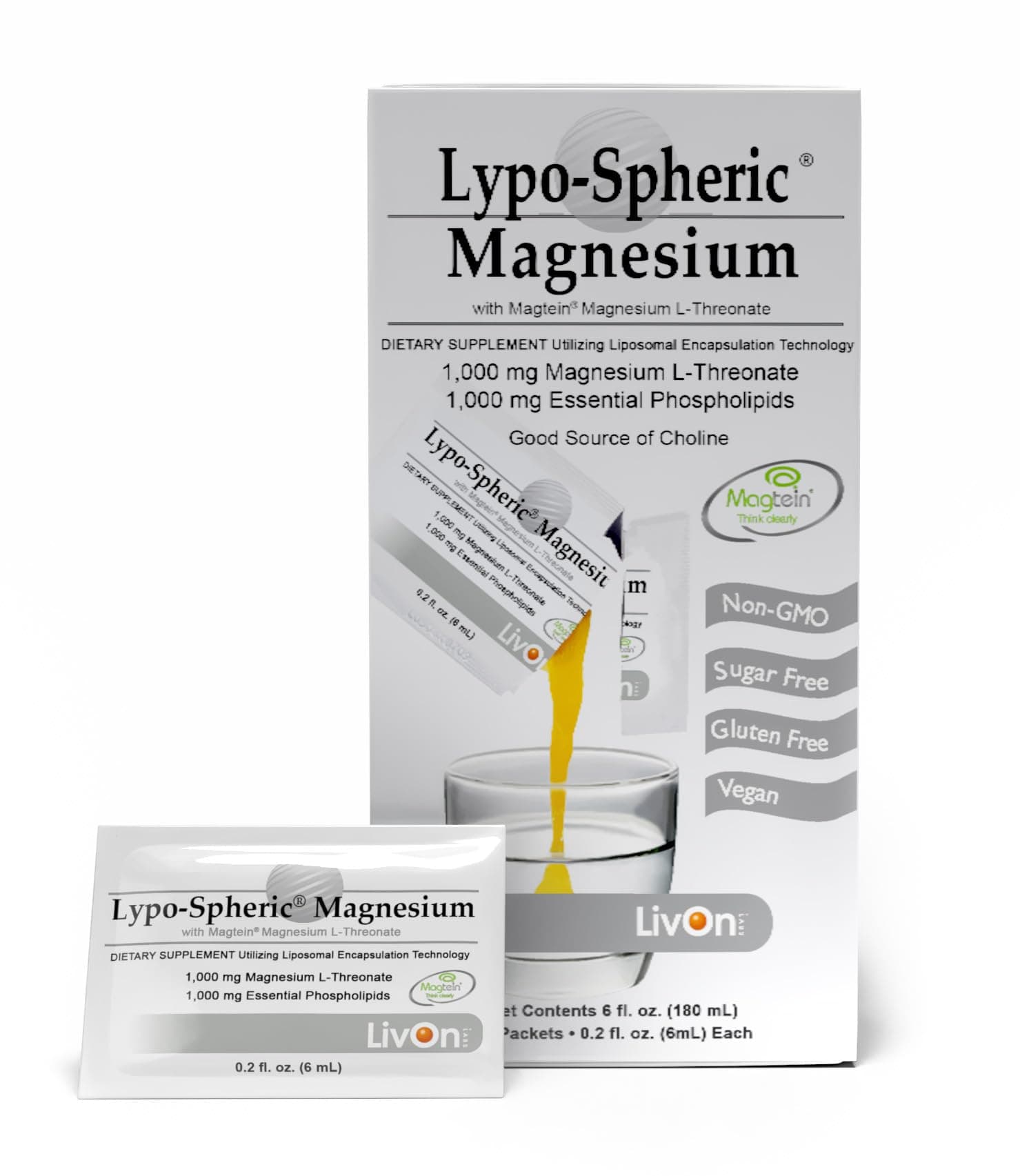 Lypo–Spheric Magnesium L–Threonate – 30 Packets – 1,000 mg Magnesium Per Packet – Liposome Encapsulated for Improved Absorption – Professionally Formulated & 100% Non–GMO