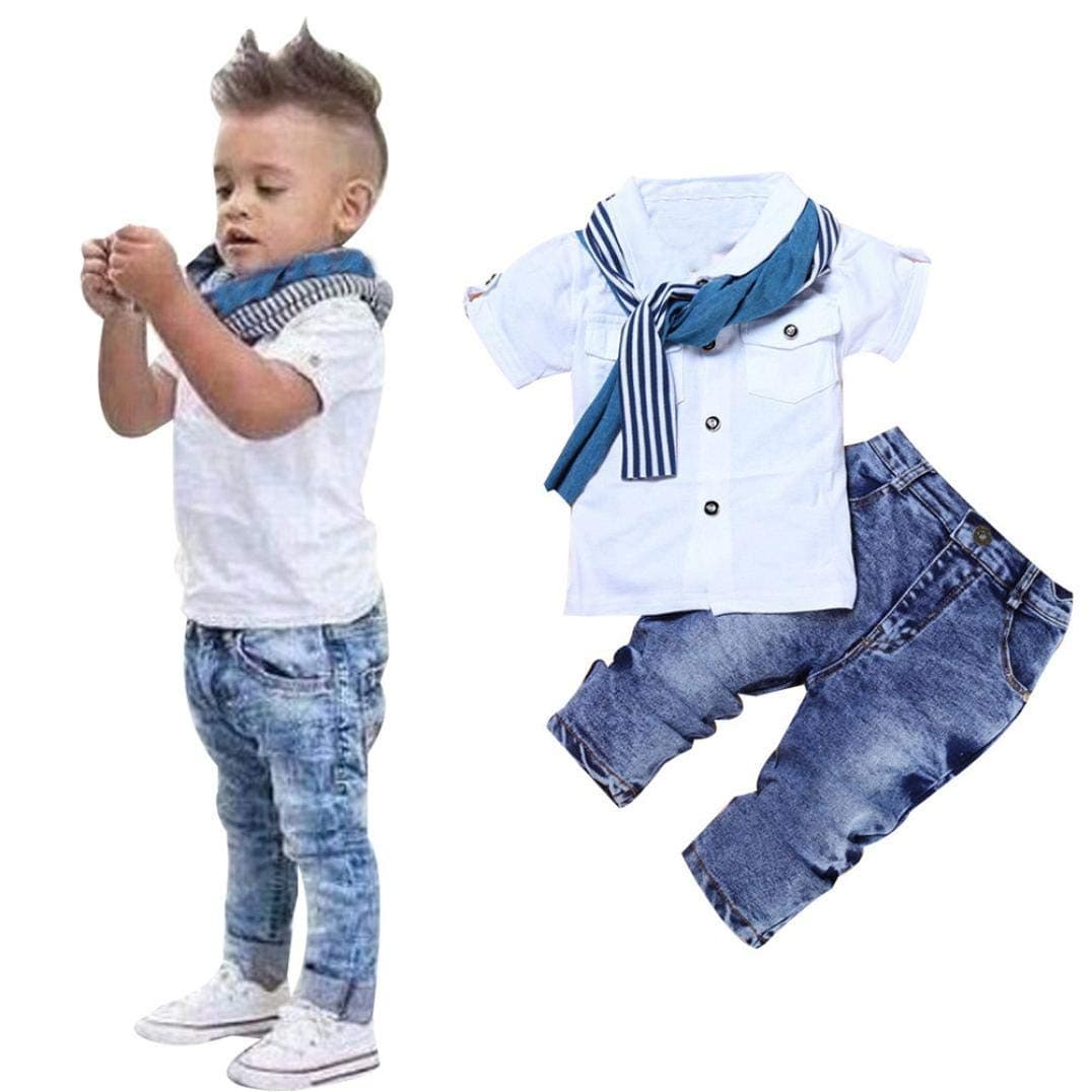 Ritatte Toddler Baby Boys Denim Outfits Short Sleeve Shirts+ Jeans Pants + Scarf 3Pcs Set Kids Casual Summer Clothes 1-6Y(White, 18-24Months)
