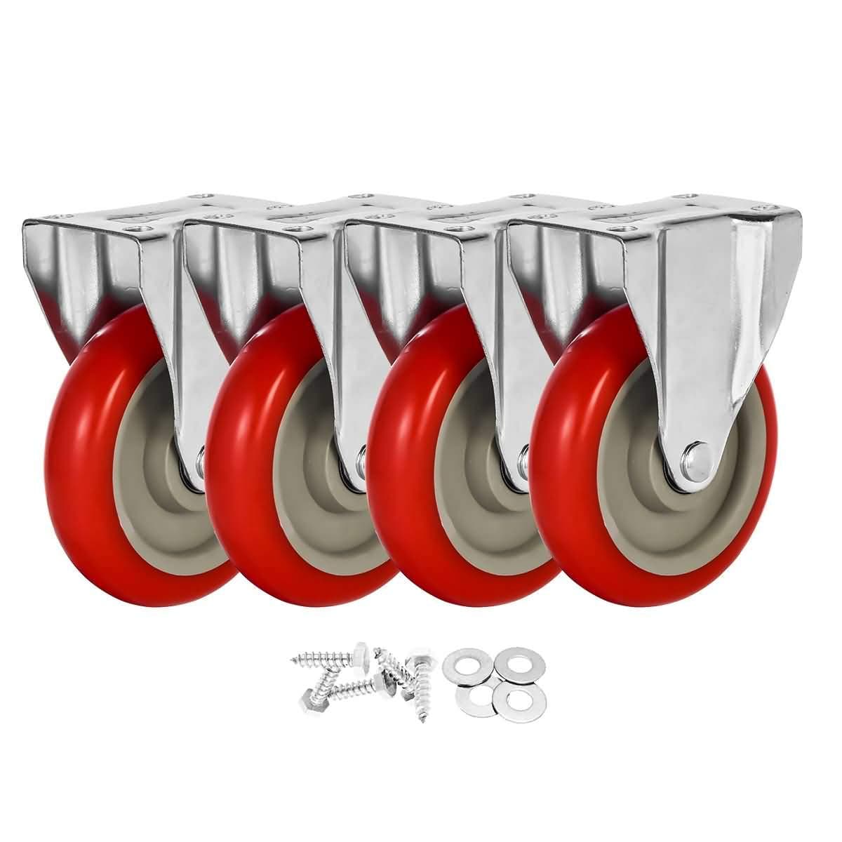 4 Pack 5" Caster Wheels On Red Polyurethane Wheels Top Plate Non Swivel Rigid Fixed Stationery with Hardware