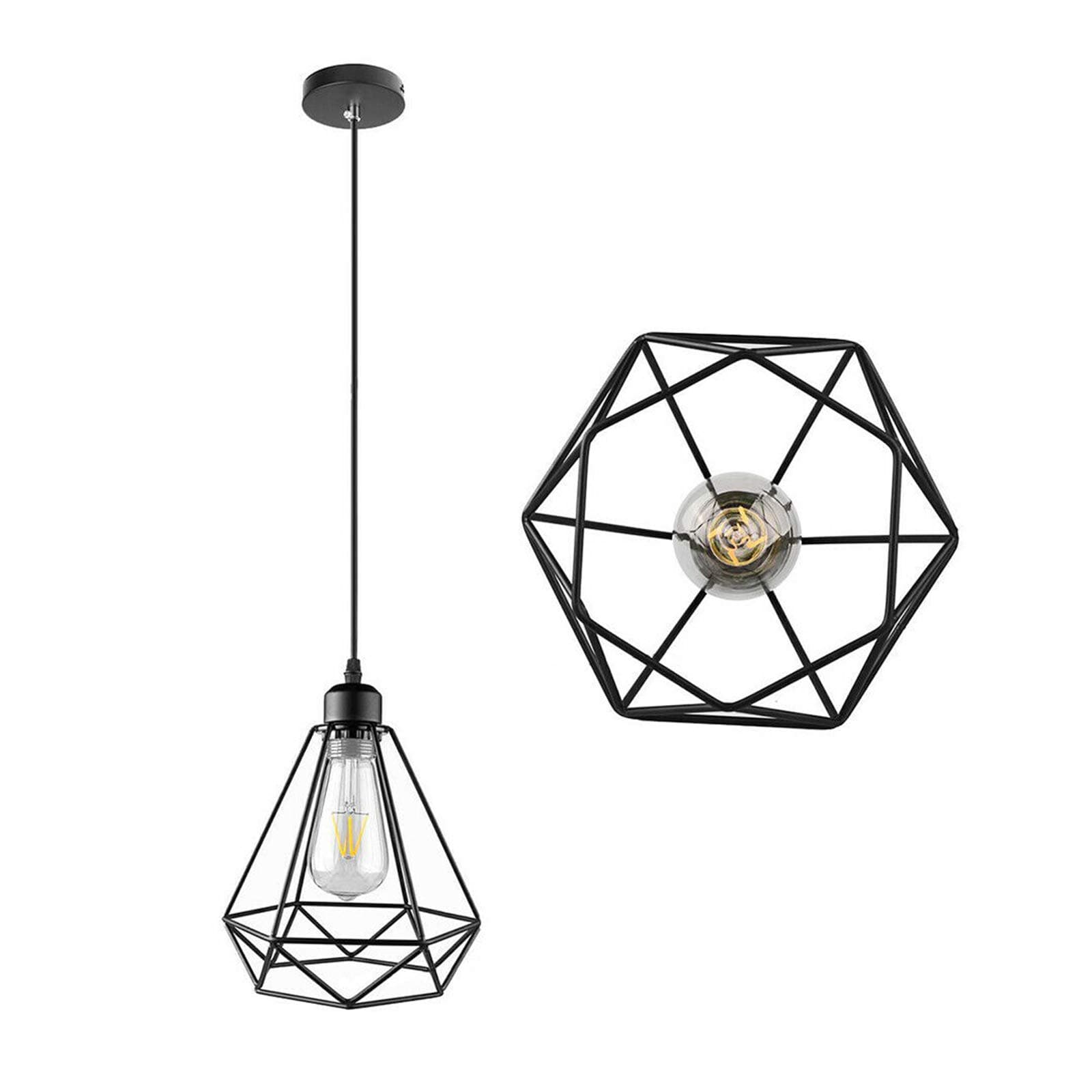 HUIBONA Retro Style Vintage Ceiling Pedant Light Fixture, Bird Cage Shape Diamond Lampshade E27 Screw with 3-core 1m Adjustable Cable (Black)