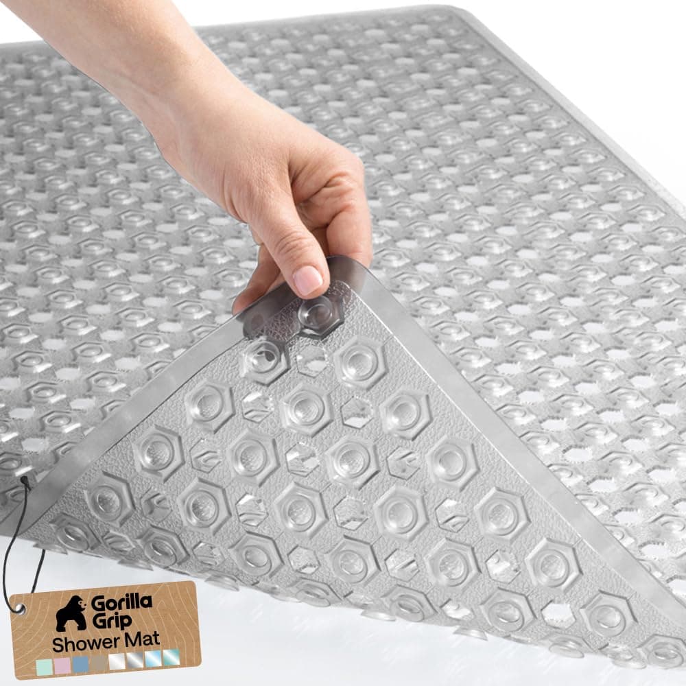 Patented Bath Tub Shower Mat, Machine Washable Bathtub Floor Liner Mats, Suction Cups and Drain Holes to Keep Tubs Clean, Soft on Feet, Bathroom Essentials, 35x16 Inch, Clear Gray