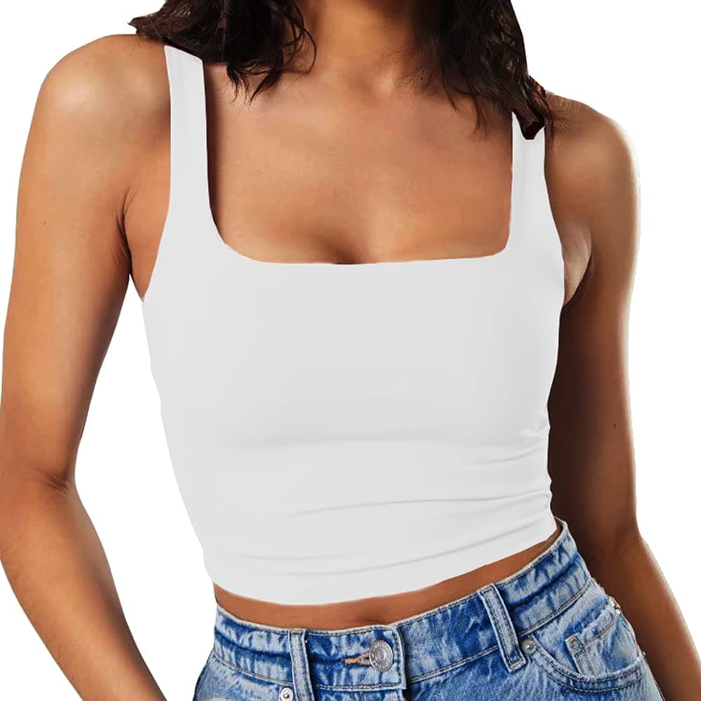Women's Sleeveless Strappy Tank Square Neck Double Layer Workout Fitness Casual Basic Crop Tops
