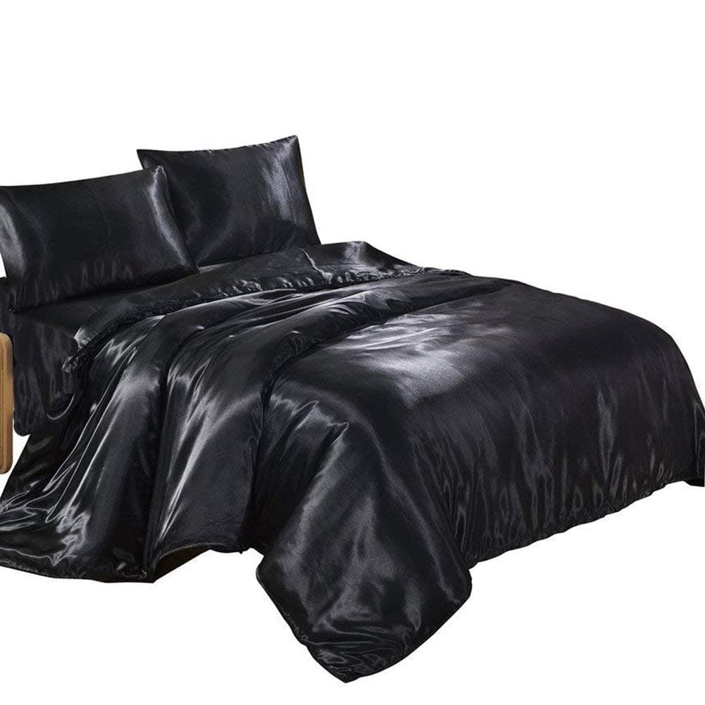 Silky Duvet Cover Set with Flat Sheet Queen Size 4 Piece Silk Like Feeling Great Lightweight Soft Bedding Set Zipper