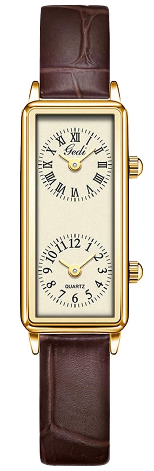 Women’s Vintage Rectangle Watch Dual Time Zone Waterproof Ladies Quartz Analog Watch for Small Wrist with Two Dials, Roman & Arabic Numerals, Leather Strap for Travel & Business