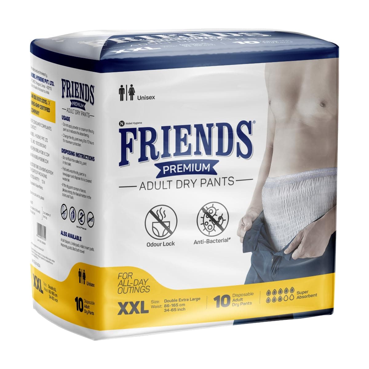 Premium Adult Diaper XXL Size Pants | 10 Count (Double Extra Large) | Waist 34 - 65 inch |12 Hrs Protection | Leakproof | Quick & Even Absorption | Unisex| Wetness Indicator | Odour Lock | Superior Softness | Elastic Waist & Anti-Bacterial Absorbent Core