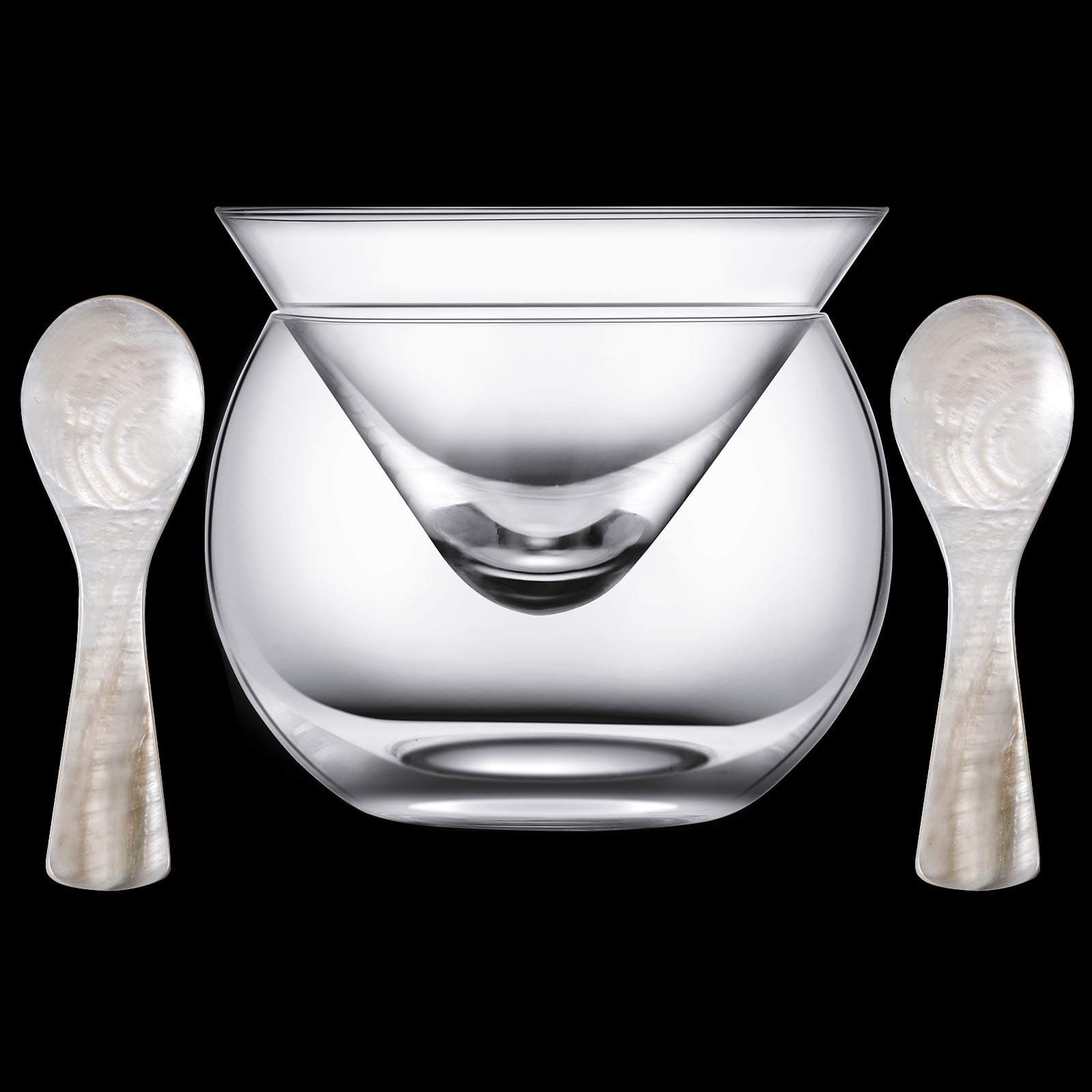 Patelai Glass Caviar Chiller Server Set and 2 Pieces Caviar Spoons 3.2 Inch Shell Spoon Mother of Pearl Caviar Spoons Round Handle for Caviar, Egg, Ice Cream, Coffee, Restaurant Serving