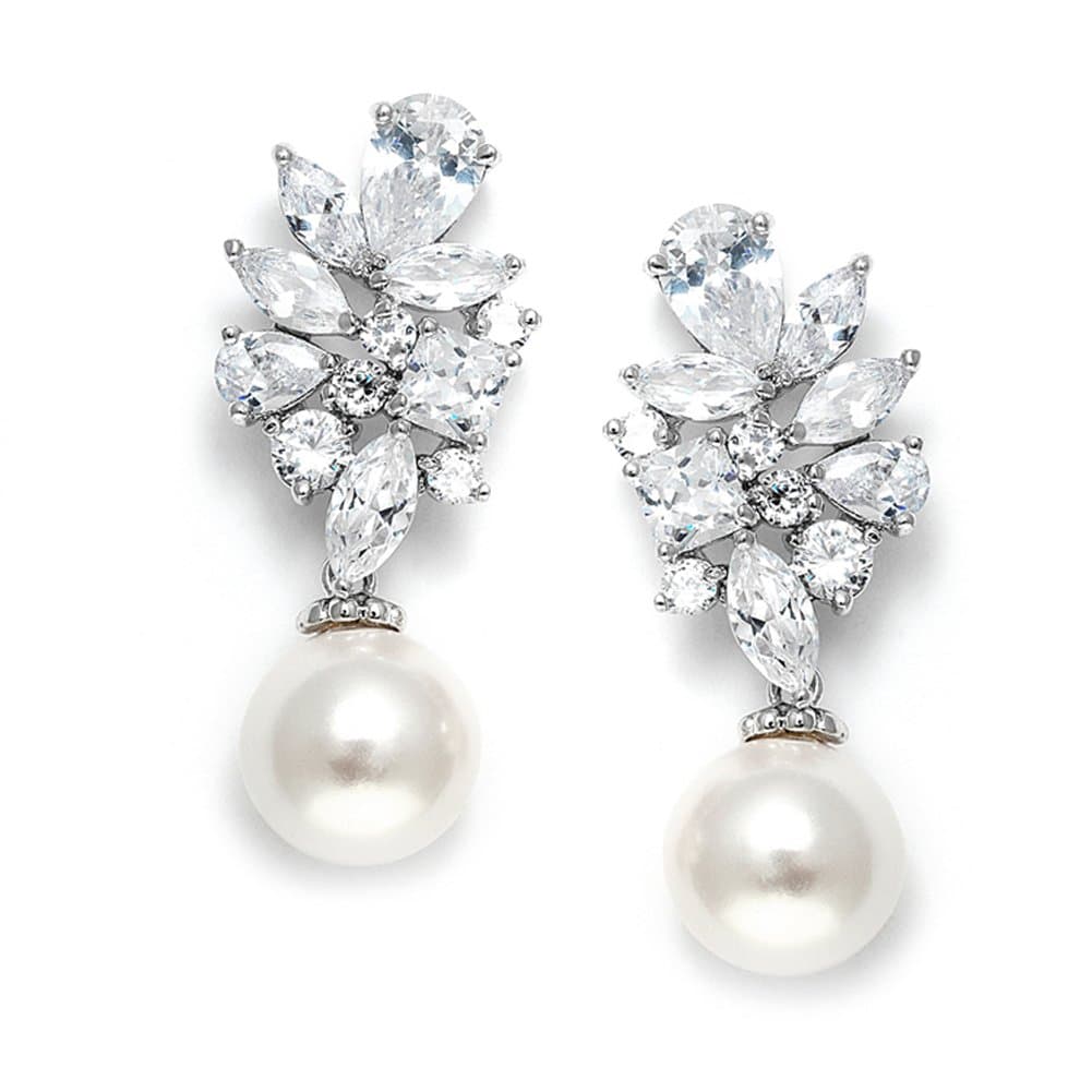 Dazzling CZ Cluster Wedding Earrings with Simulated Pearl Drop
