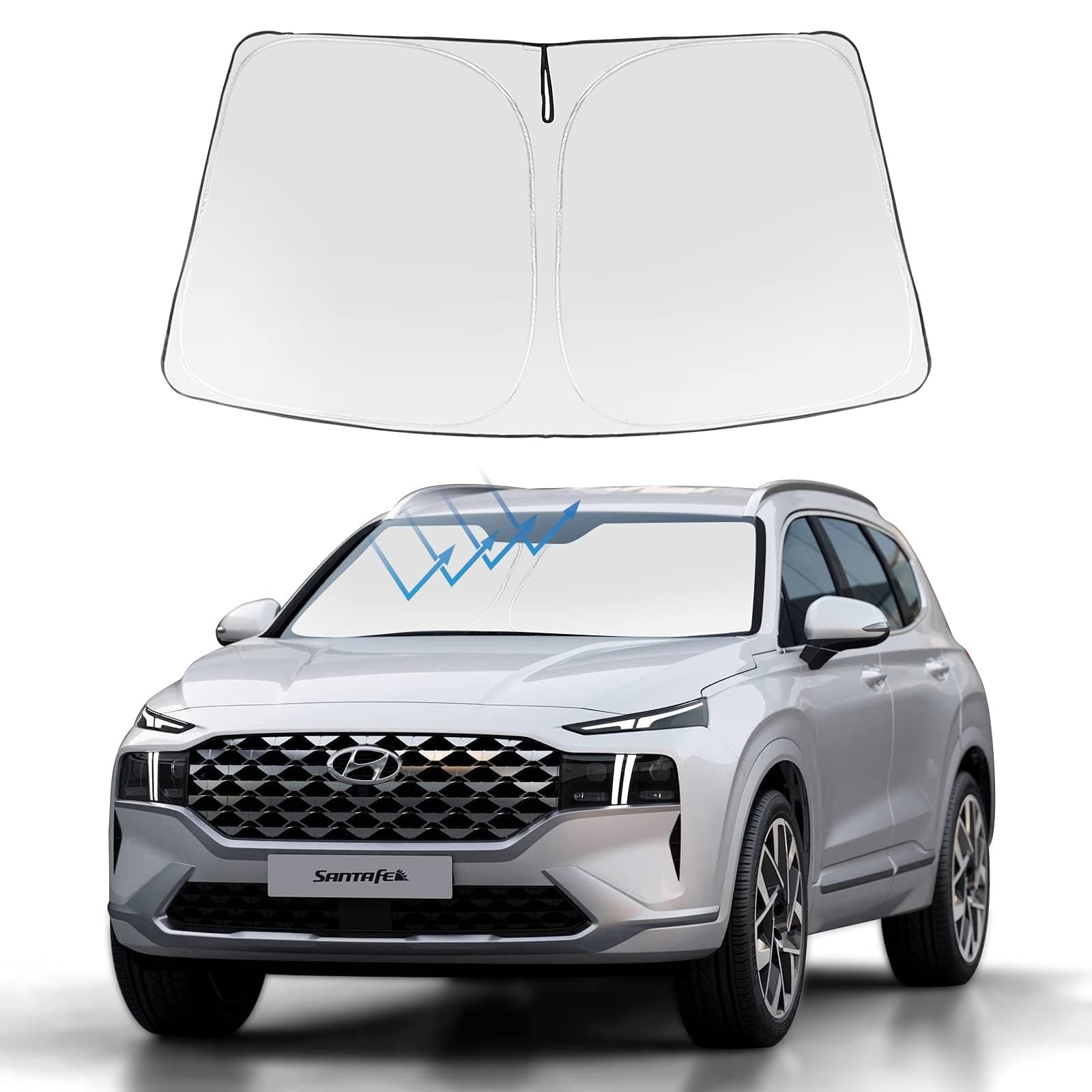 Proadsy 2025 Upgrade Windshield Sun Shade Custom Fit Hyundai Santa 2019-2023 4-Layer Foldable Front Sunshade Protector Sun Visor Blocks UV Rays Keep Car Cooler