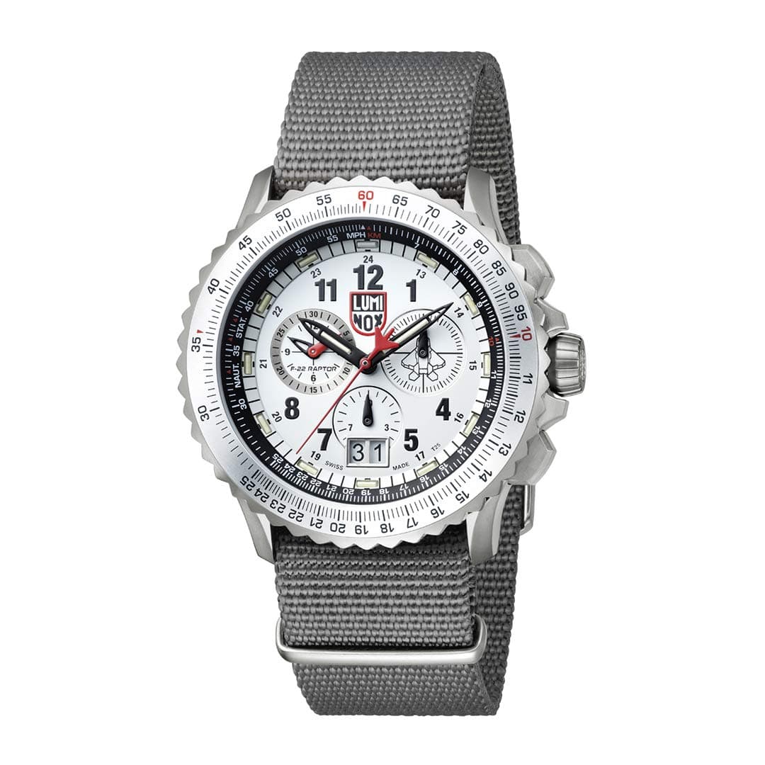 LUMINOX F-22 RAPTOR™ Chronograph Men's Watch Set XA.9249 Swiss Made, Silver Titanium Case and Grey Nylon Strap and White Dial Pilot Watch