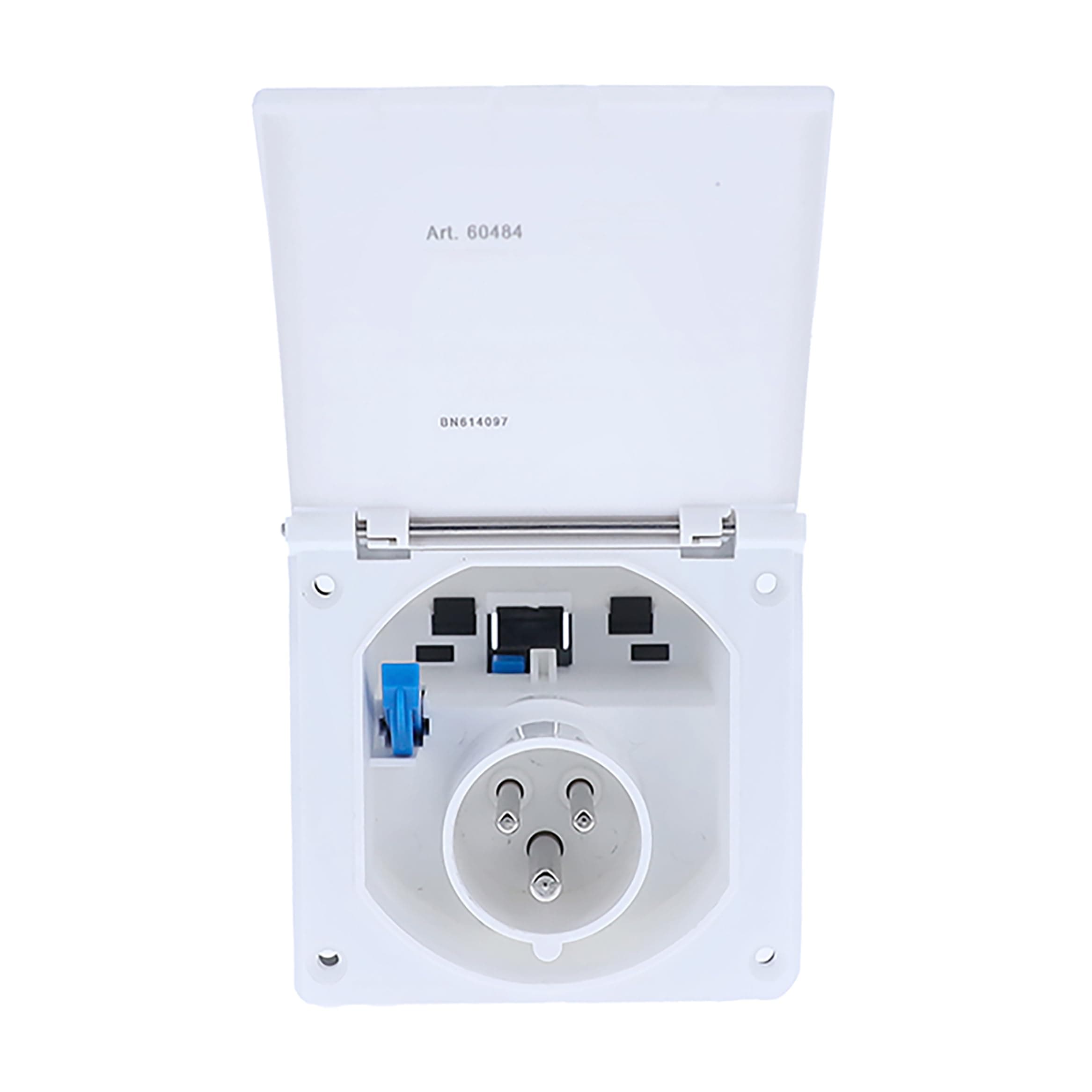 as - SchwabeCamping CEE Caravan Power Plug - 230 V/16 A/3-Pin - Flange Size 112 x 107 mm - Camping Attachment Plug for Caravans - with Hinged Lid - IP44 - Made in Germany - White, 60484