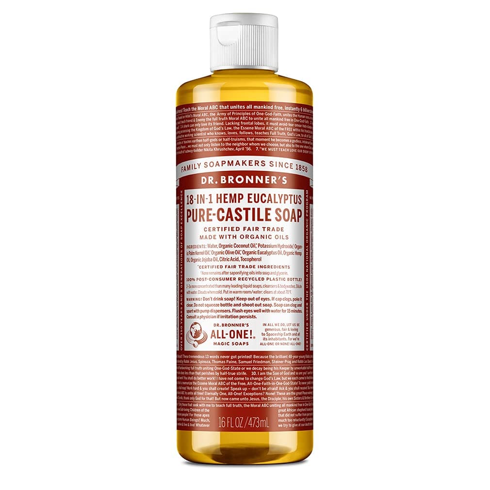 Dr Bronner's 18-in-1 Eucalyptus Pure Castile Liquid Soap, Made with Organic Oils, Used for Face, Body, Hair, Laundry, Pets and Dishes, Certified Fair Trade & Vegan Friendly, 473ml Recycled Bottle