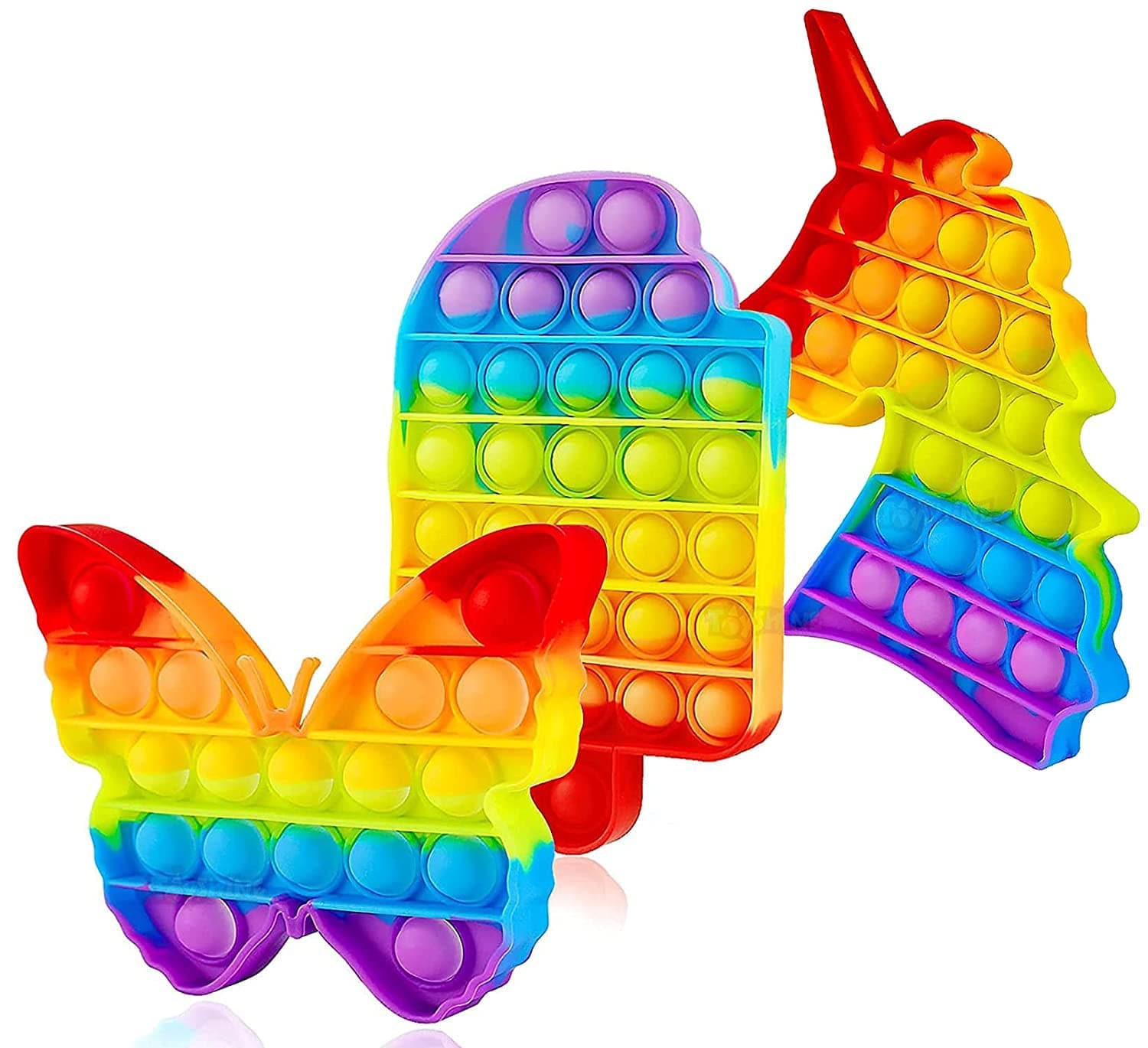 Pack of 3- POP It Fidget Popping Sounds Toy, BPA Free Silicone, Push Bubbles Toy for Autism Stress Reliever, Sensory Toy - Butterfly, Unicorn, ICE Cream