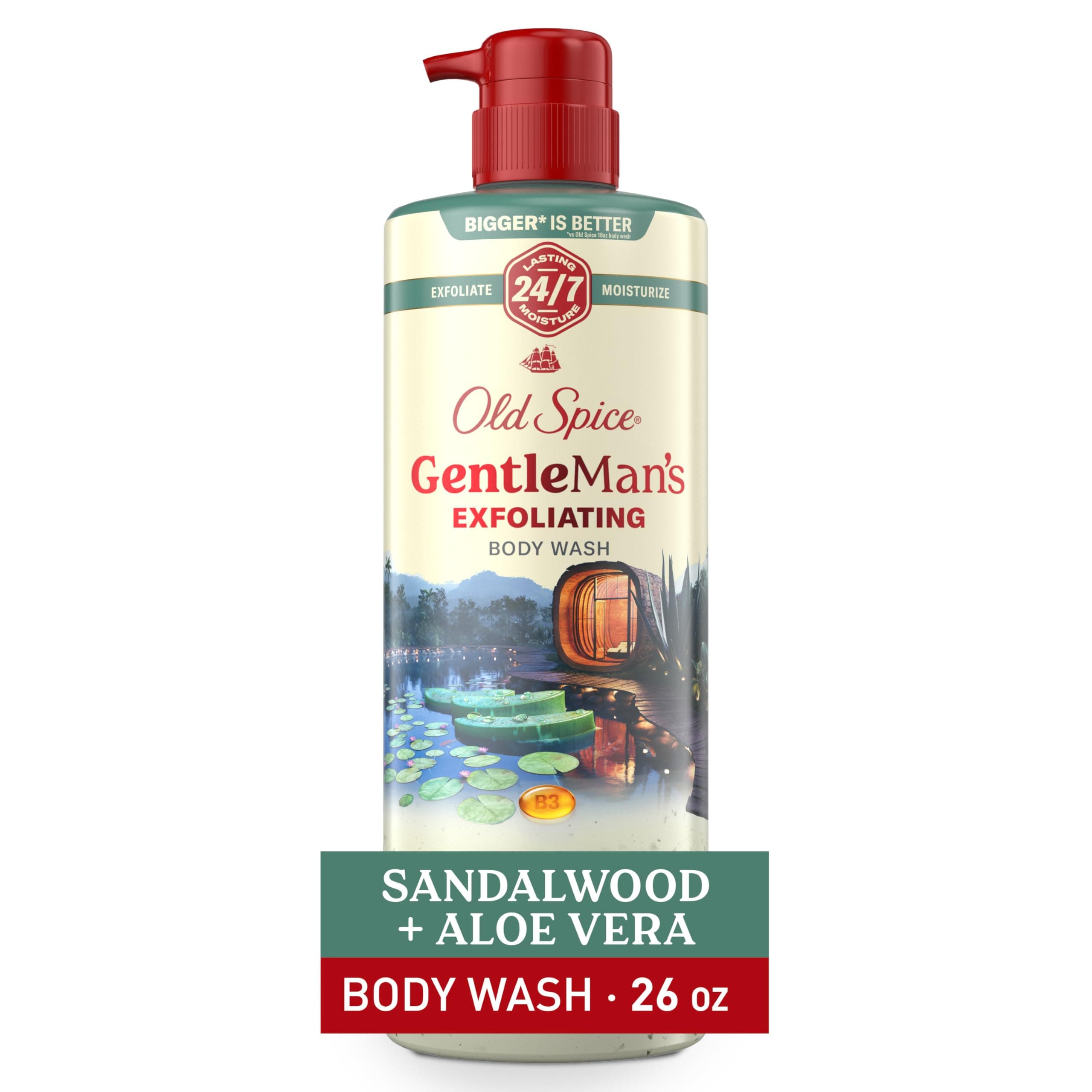 GentleMan's Exfoliating & Moisturizing Body Wash for Men, 24/7 Shower Fresh with Long Lasting Scent, Renewing Vitamin B3 Blend, Sandalwood + Aloe Vera Scent, 26 oz