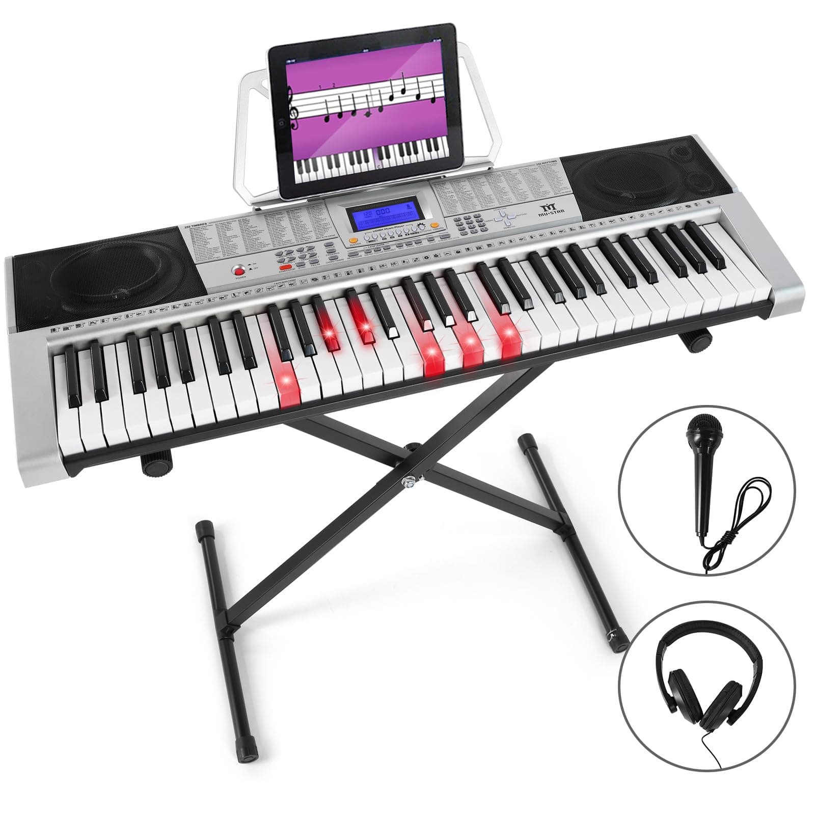 MUSTAR 61 Key Piano Keyboard, Electric Piano Keyboard with Lighted Up Keys, Learning Keyboards Piano for Beginners, Piano Stand, LCD Screen, Headphones, Microphone, Kids Birthday Presents