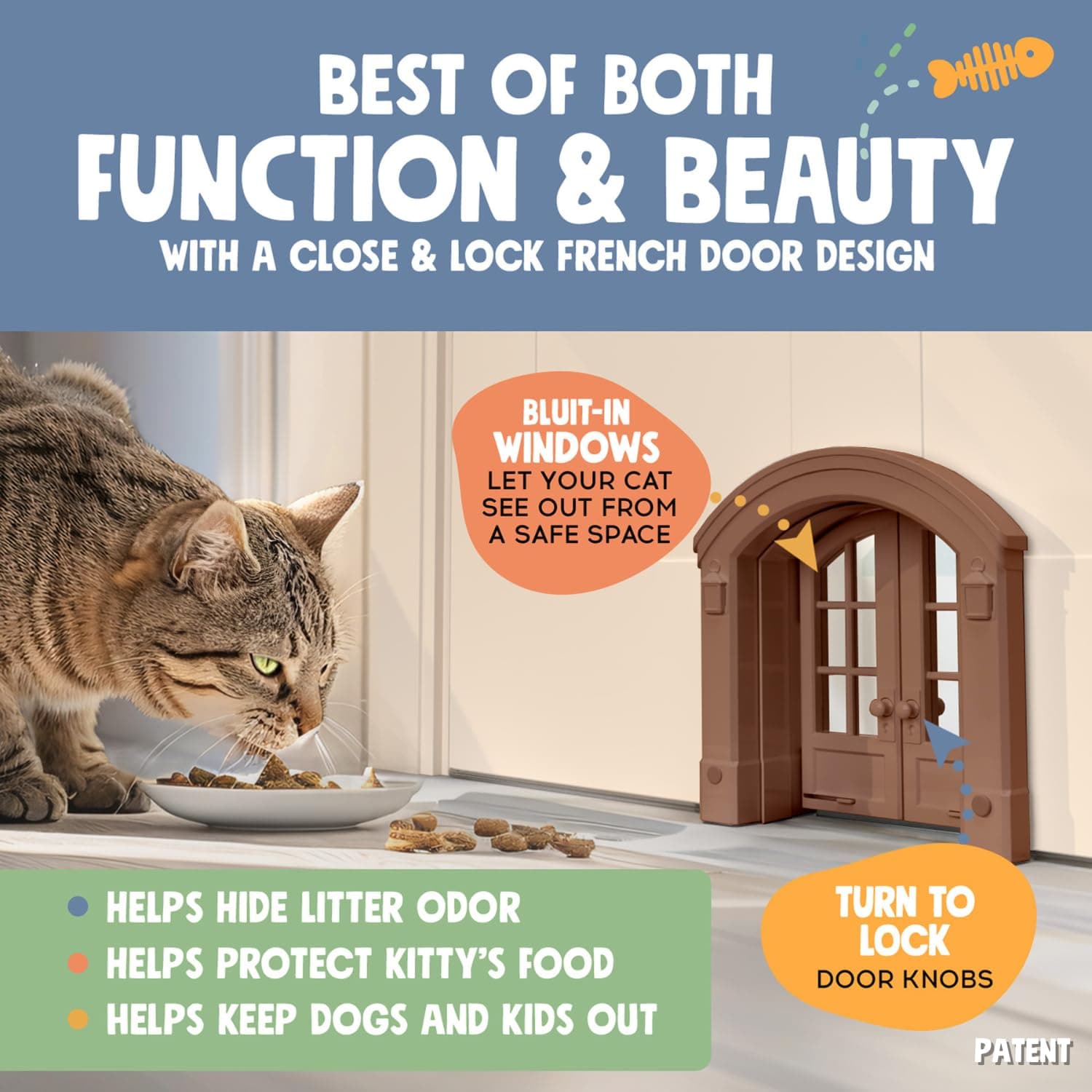 Purrfect Portal French® Cat Door - Stylish No-Flap Cat Door Interior Door for Average-Sized Cats Up to 20 lbs, Easy DIY Setup, Secured Installation in Minutes, No Training Needed, 7.13 x 8.32”
