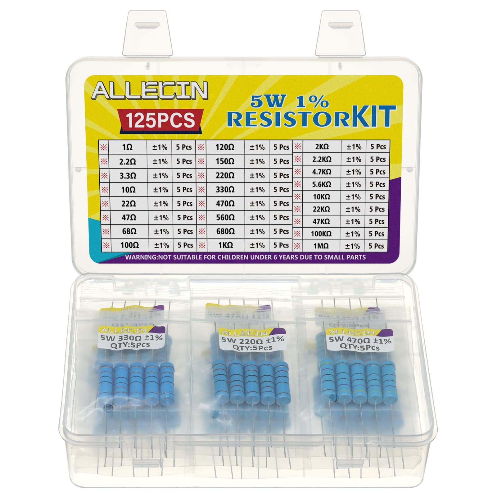 ALLECIN 5W Metal Film Resistor Kit from 1 Ohm to 1M Ohm 25 Values 5 Watt 1% Resistors Assortment