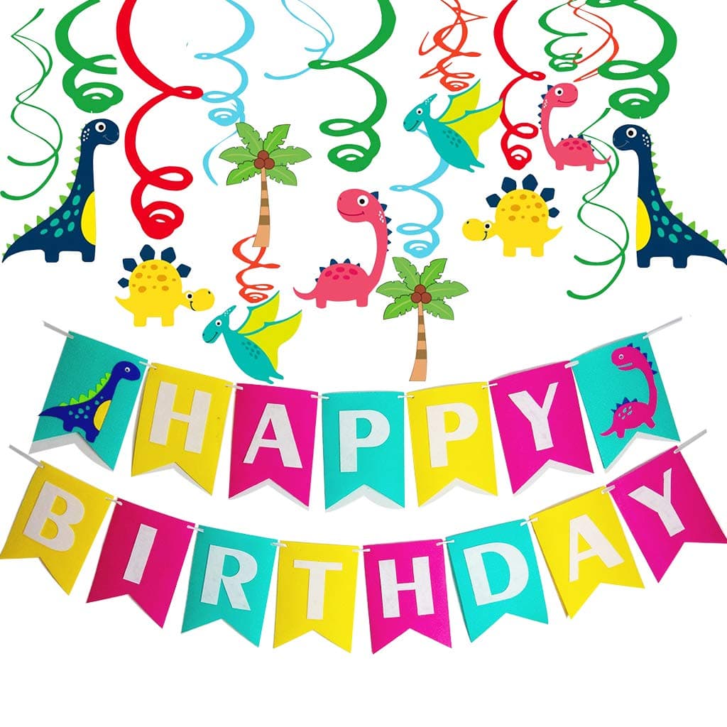 Dinosaur Happy Birthday Banner( Assembled) with Dinosaur Foil Hanging Swirls and Jurassic Dino Cutouts(30pcs),Dinosaur Party Supplies Birthday Decorations,Boy Kids Birthday Party Decoration Background