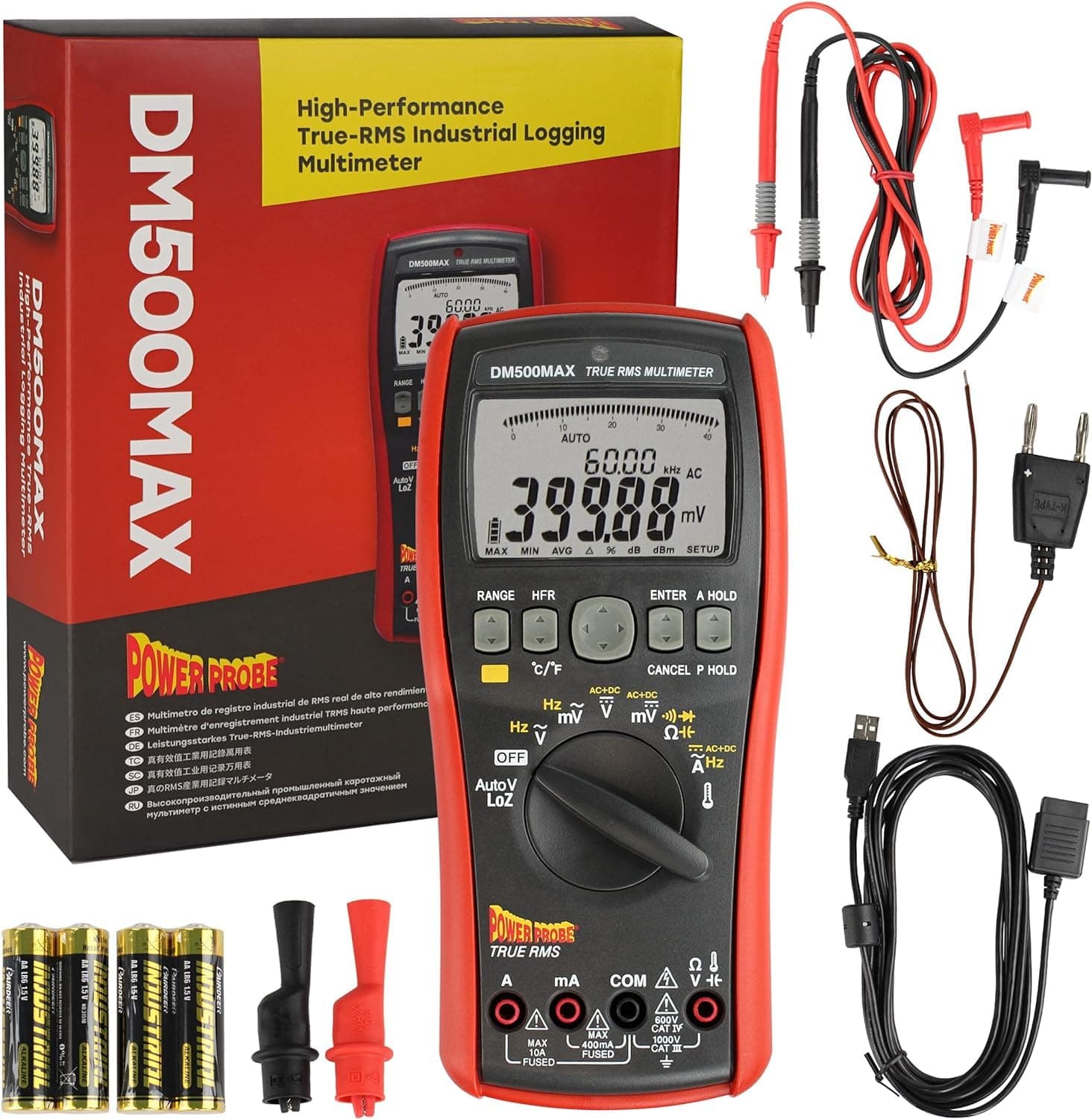 Power Probe DM500MAX Advanced Digital Multimeter Tester - Amperage, Ohm, and Voltage Meter - Bonus K-Type Thermocouple for Temperature Readings - Electric Tester Tool for Home and Auto