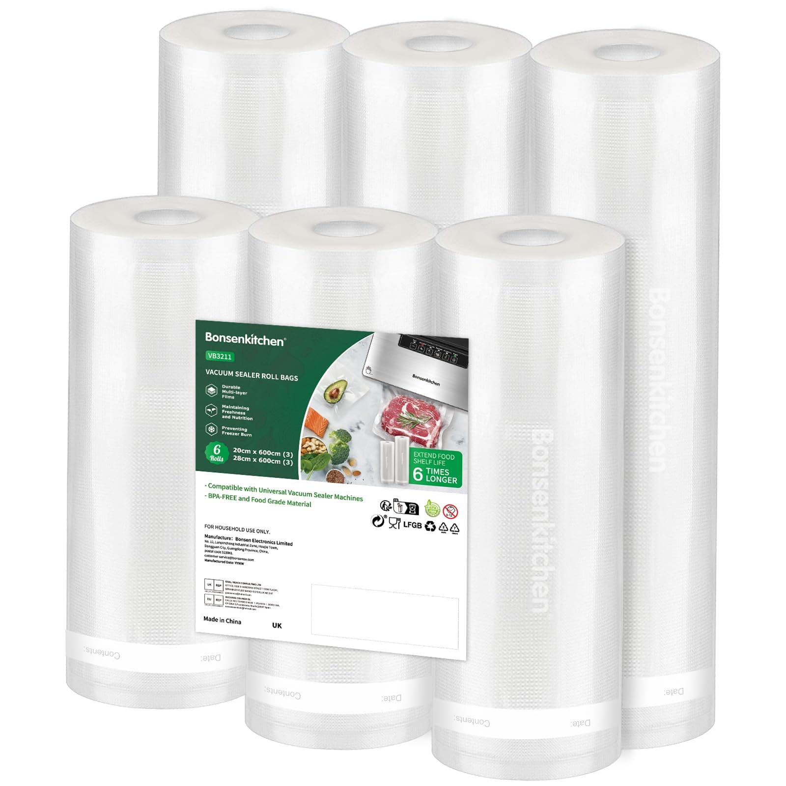 Bonsenkitchen 6 Packs Vacuum Sealer Rolls Bags, 3 Rolls 28 x 600cm + 3 Rolls 20 x 600cm Storage Bags, Durable Commercial Customized Size Food Bags for Food Storage and Sous Vide Cooking, VB3211