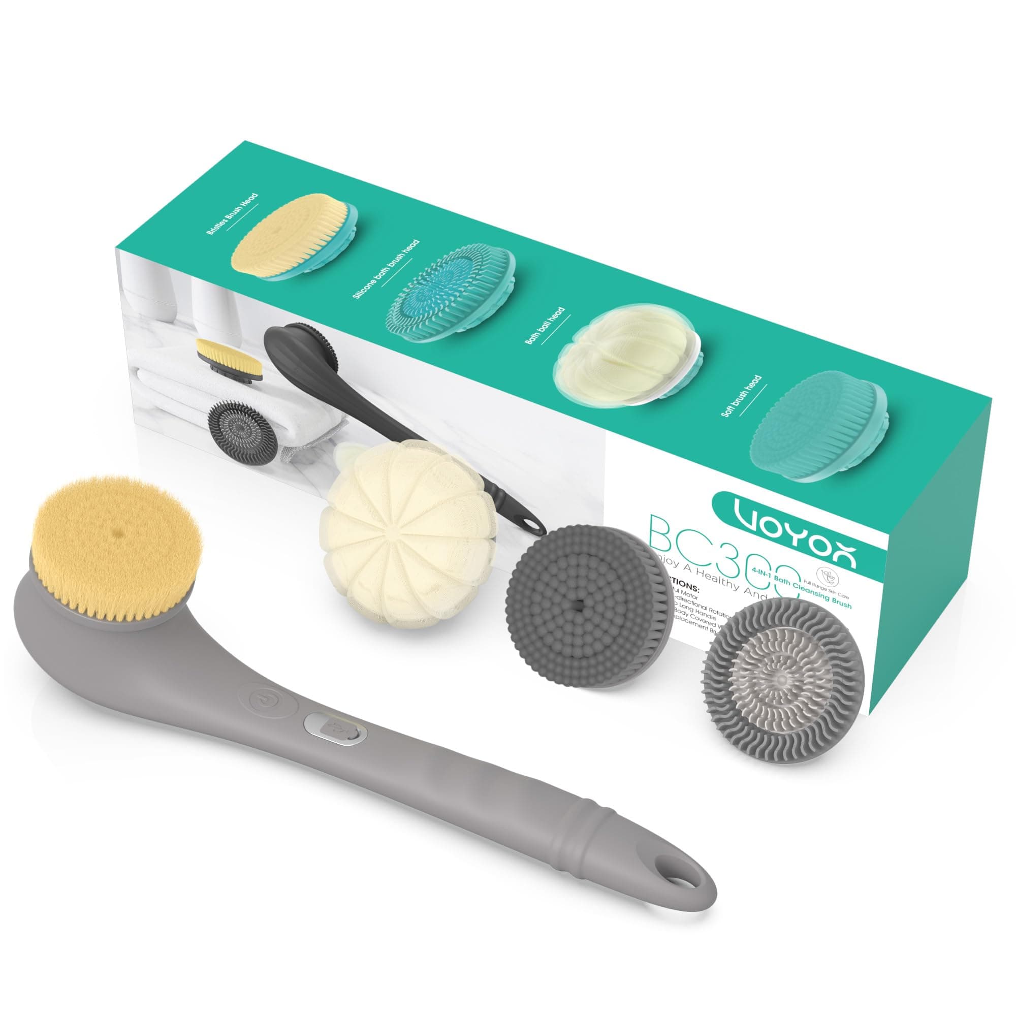 Electric Body Brush Back Scrubber Silicone Body Scrubber Two-Way Rotating Brush Head for Deep Cleaning, Exfoliation, 4 Attachments Long Handle IPX6 Rechargeable Shower Brush BC300 (Grey)