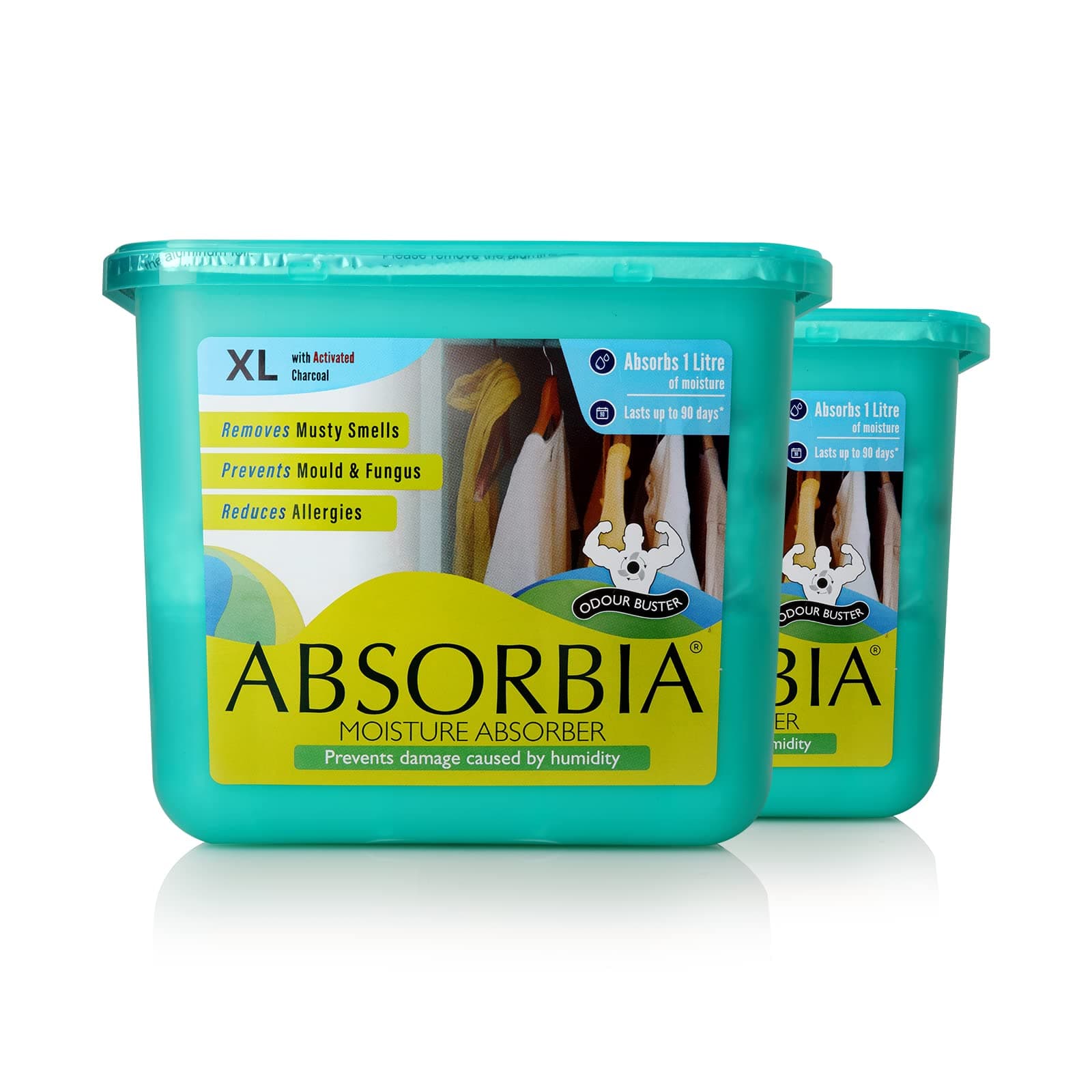 Absorbia Moisture Absorber XL with Activated Charcoal | Pack of 2 (450 g X 2 boxes) | 1L Absorbs|Dehumidifier for Rooms & Wardrobes|Fights Against Moisture, Mould, Fungus