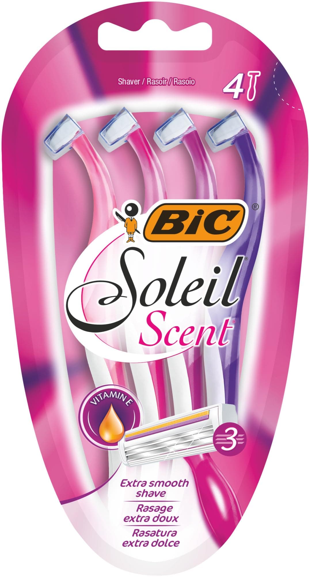 Soleil Scent Disposable Women Razors - Pack Of 4 Three-Blade With Florally-Scented Handle And Fixed Razor Head For Precise Shave