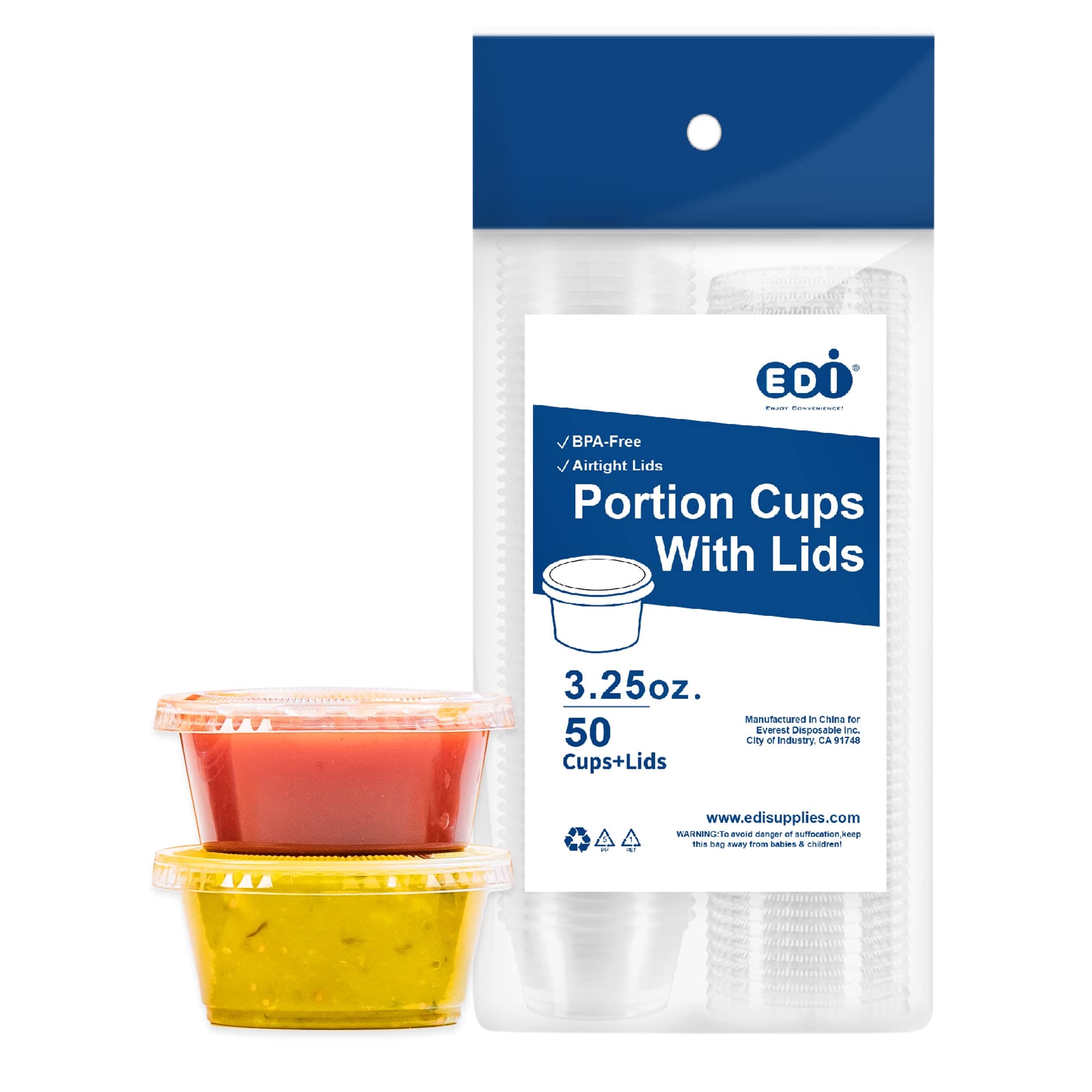 EDI Clear Disposable Plastic Portion Cups with Leakproof Lids - 50 Sets, 3.25 OZ, BPA Free, Recyclable - Jello Shot, Condiment & Dipping Sauce, Souffle Cups