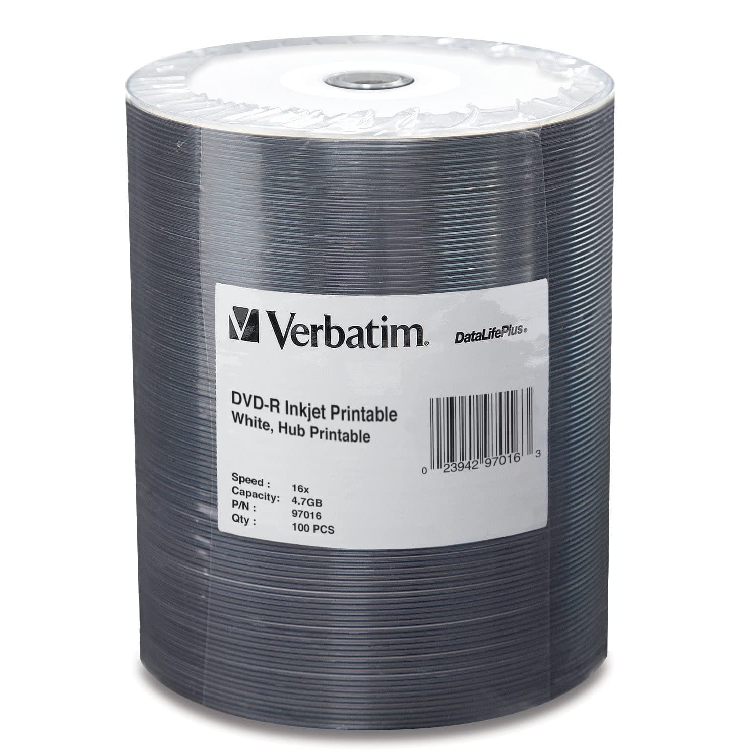 Verbatim DVD-R 4.7GB 16X DataLifePlus White Inkjet Printable, Hub Printable - 100pk Tape Wrap, 0.1 (97016)