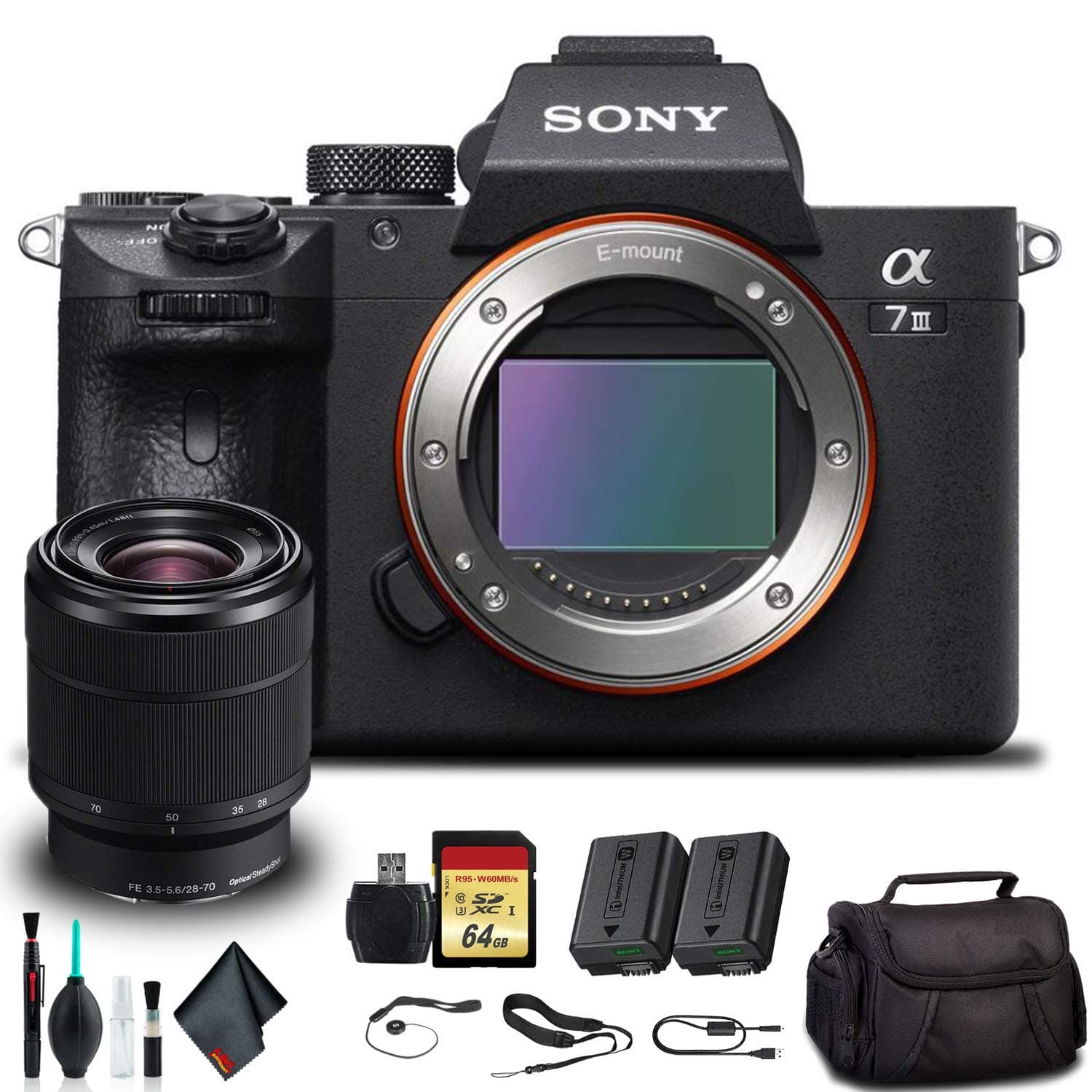 Sony Alpha a7 III Mirrorless Camera with 28-70mm Lens ILCE7M3K/B with Soft Bag, Additional Battery, 64GB Memory Card, Card Reader, Plus Essential Accessories