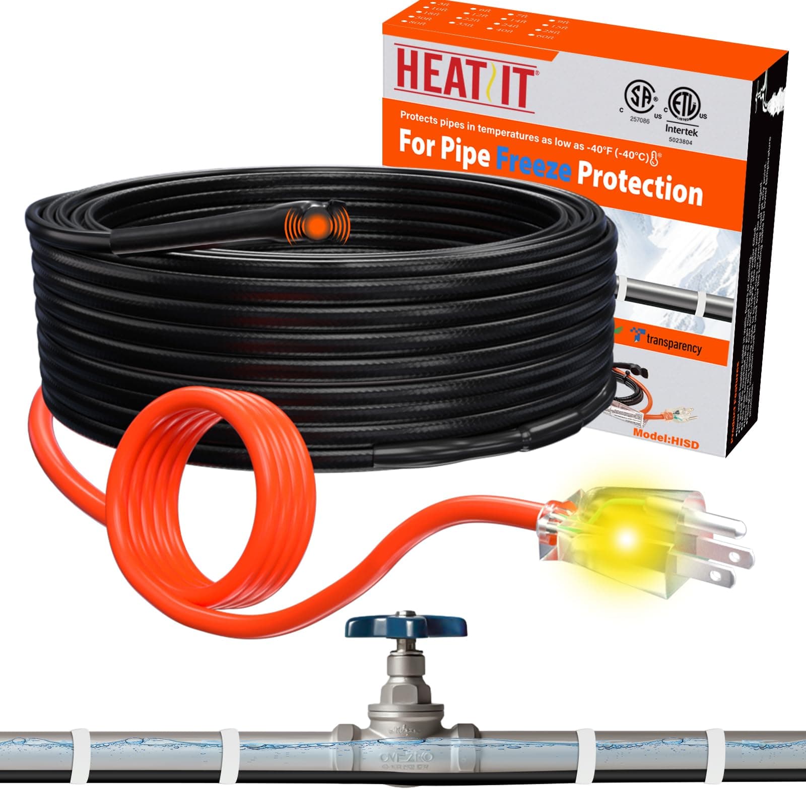 HEATIT Pipe Heat Cables for Freeze Protection - Efficient Heat Trace Cable for Pipes, CSA & ETL Approved, Versatile Application, Reliable Pipe Heater, Energy-Saving HISD 30ft, 7w/ft, 120V