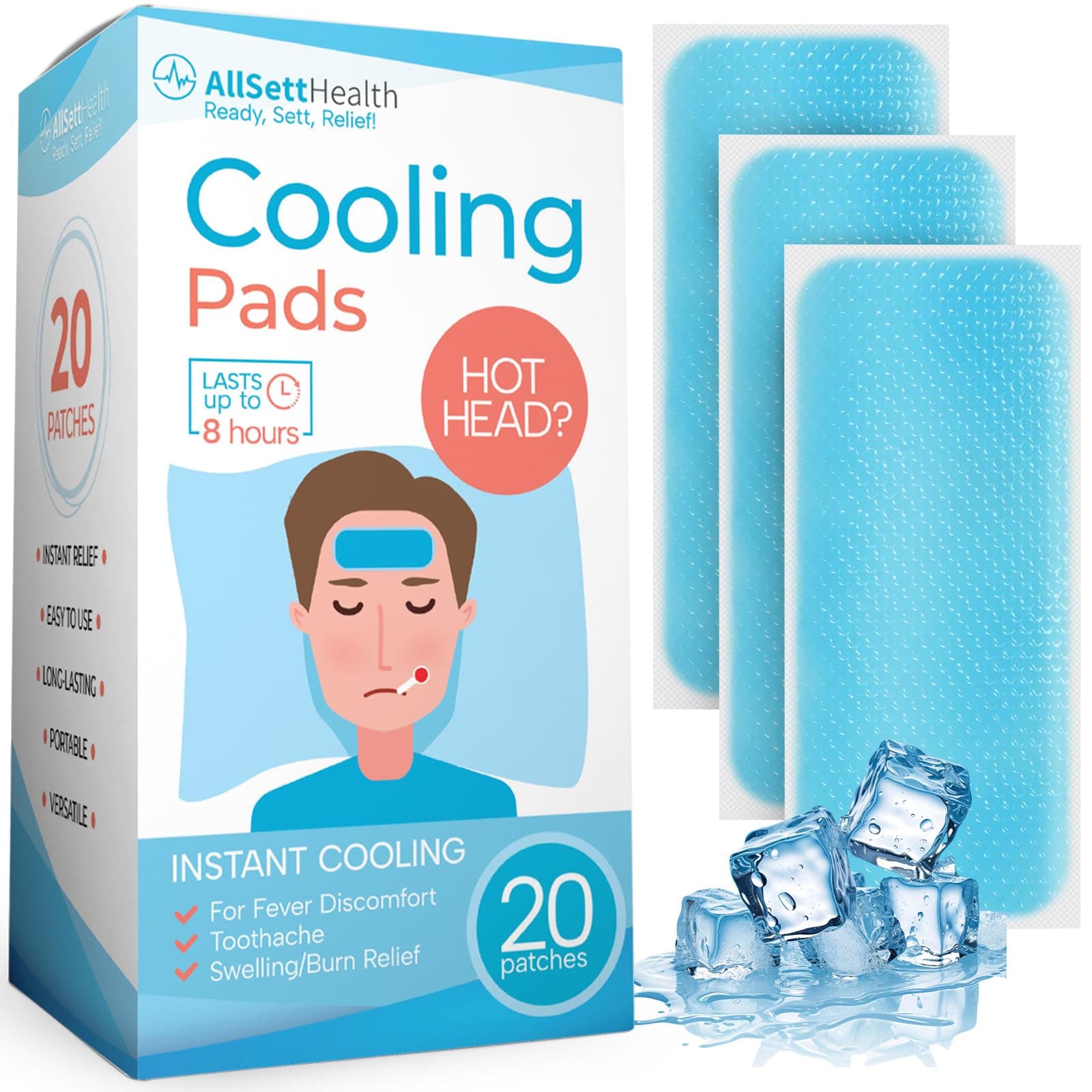 AllSett Health Cooling Patches for Fever, Natural Headache and Migraine Relief, Soft Gel Sheets - Pack of 20