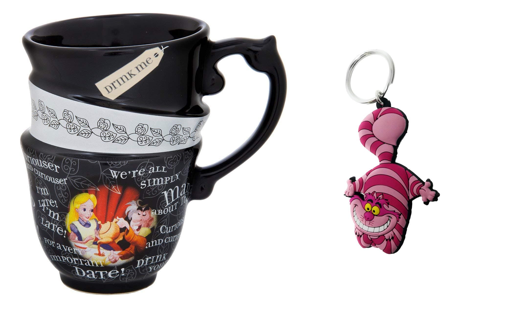 Alice in Wonderland Stacked Quotes Tea Cup Mug and Cheshire Keychain Set