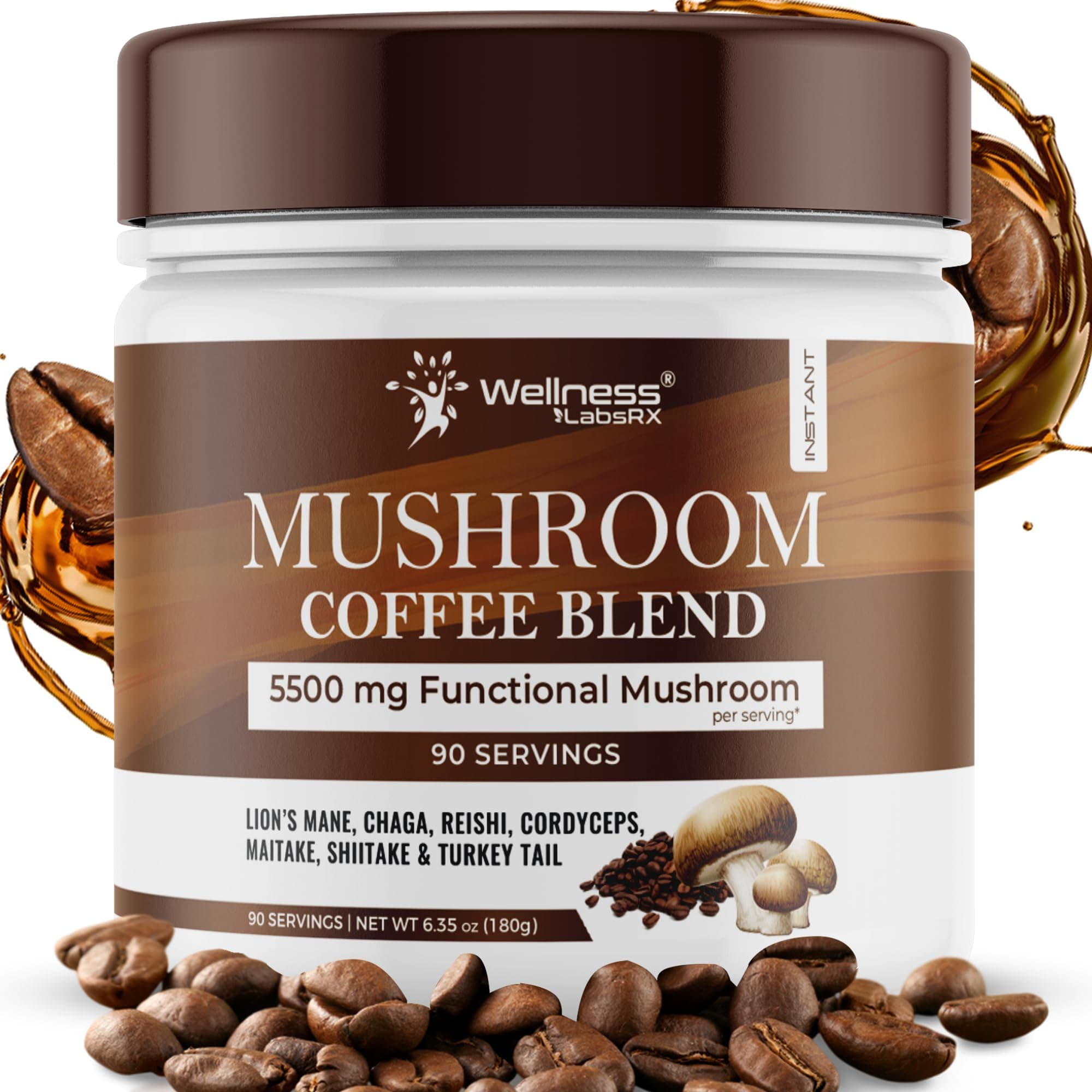 Mushroom Coffee, 90 Servings Organic Mushrooms Instant Coffea, Great Tasting Colombian Keto Coffee, 7 Superfood Mishrooms Lions Mane, Chaga, Reishi, Cordyceps, Maitake, Shiitake, and Turkey Tail
