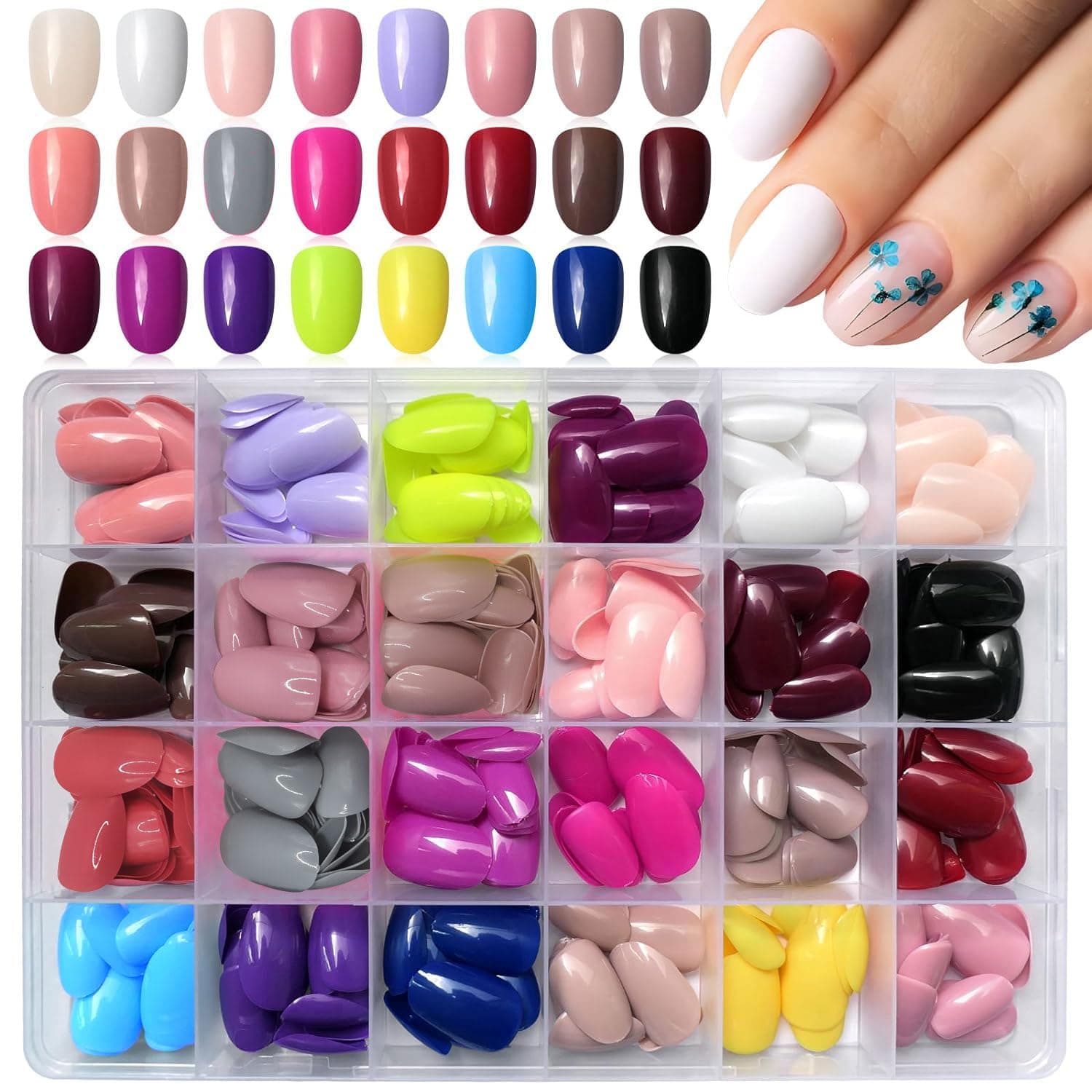 24 Color Press On Nails Sets, 576Pcs Glossy Colored Straight Fake Nails, Full Cover Artificial Fingernails Acrylic Tips Manicure Design Decor for Women Girls DIY Nail (Short Round Shape)