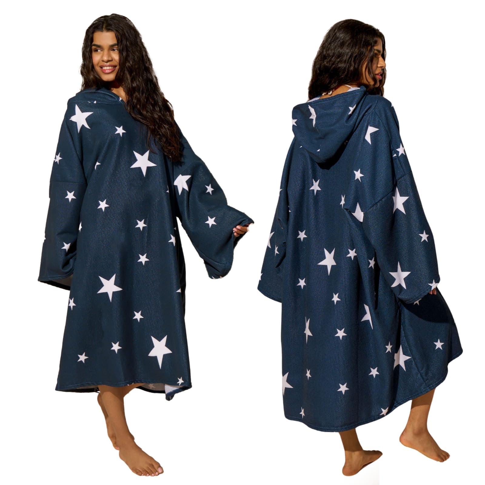 Dreamscene Surf Changing Towel Adults Womens, Swim Towels Poncho Changing Robe for Swim Beach Bath Hooded Towel Large Absorbent Quick Dry Microfibre Beach Robe, Navy Star